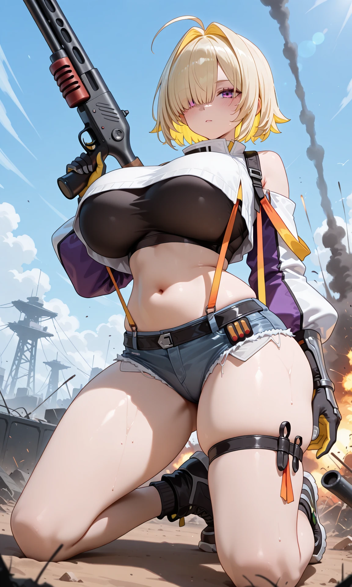 Young girl, Pullover, blue bikini, mini bikini, whole body to see, disgusting face, angry, scream,  Bob hair , (( very wide hips)), (((colossal Thighs, gigantic thighs, very huge thighs, very big thighs))), fullbody, platform heels, tanned , brown skin, big breast, gun, soldier girl , leg garter, standing, front pose, blonde, black skin, ebony skin,