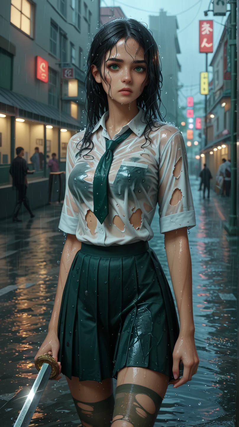  1 girl, daughter of severus snape, 11 years old, The clothes are wet, (Y-shirt is transparent: 1.4), skirt, (Unbroken body), green eyes, black hair,(Perfect body structure), (arms two), (legs two), highest quality, 4K, (High resolution: 1.3) masterpiece , 1.2, Super detailed, HDR, Studio Lighting, Sharp Focus, Bright colors, Portrait, Warm tones, Soft Lighting,Rainy bus stop、
