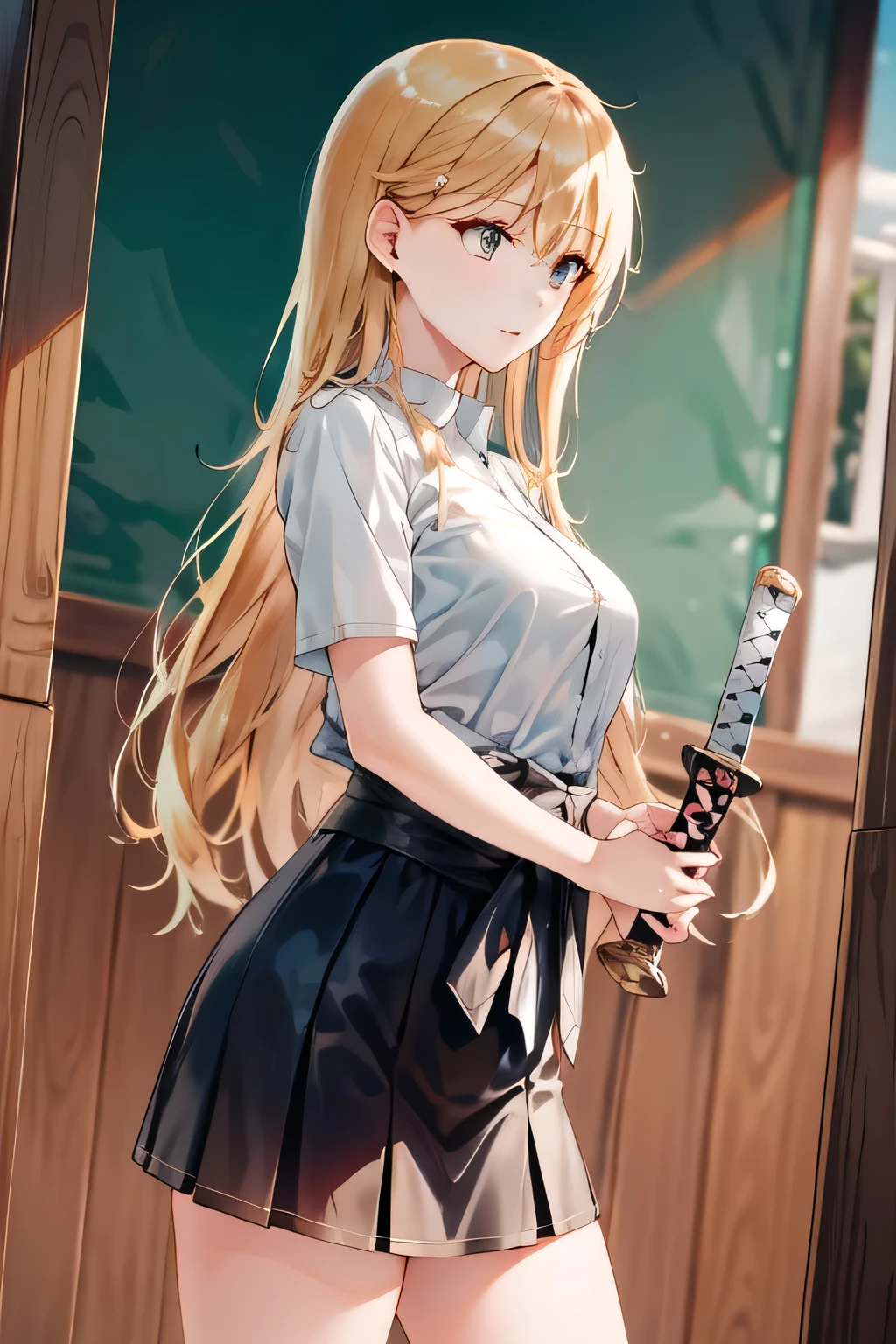 blond wave long-haired woman, ,can you draw a Japanese sword in a high school uniform,(((do not crop the face because facial expression is a top priority))),,I'm alone ,standing in the teacher's house,holding a Japanese sword,A woman fighting with a Japanese sword ,can you accurately depict the details of human hands and legs、Outdoors on a sunny day,The enemy is hiding ,(let's draw a more delicate expression), , big boobs, thin waist , , ,