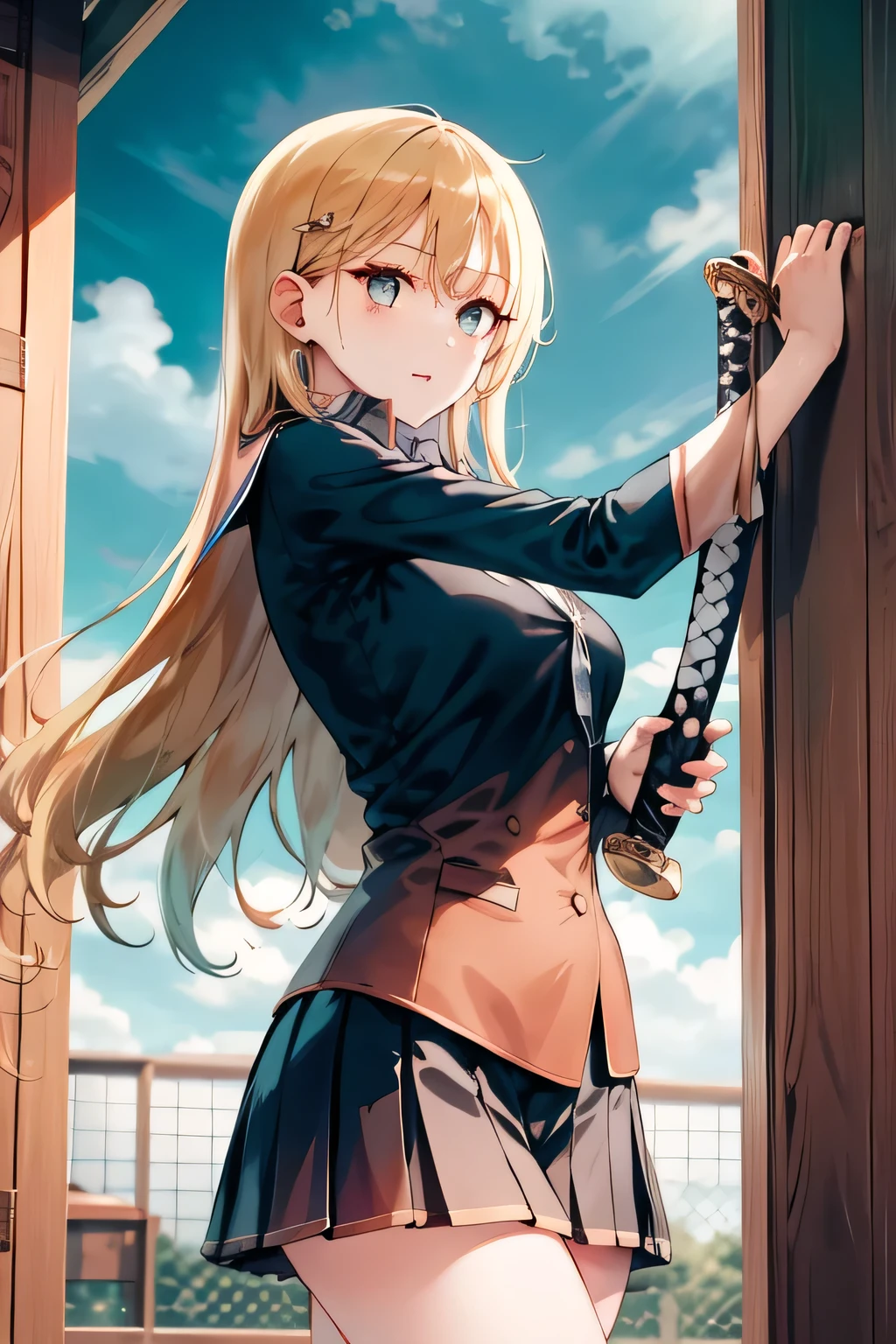 blond wave long-haired woman, ,can you draw a Japanese sword in a high school uniform,(((do not crop the face because facial expression is a top priority))),,I'm alone ,standing in the teacher's house,holding a Japanese sword,A woman fighting with a Japanese sword ,can you accurately depict the details of human hands and legs、Outdoors on a sunny day,The enemy is hiding ,(let's draw a more delicate expression), , big boobs, thin waist , , ,