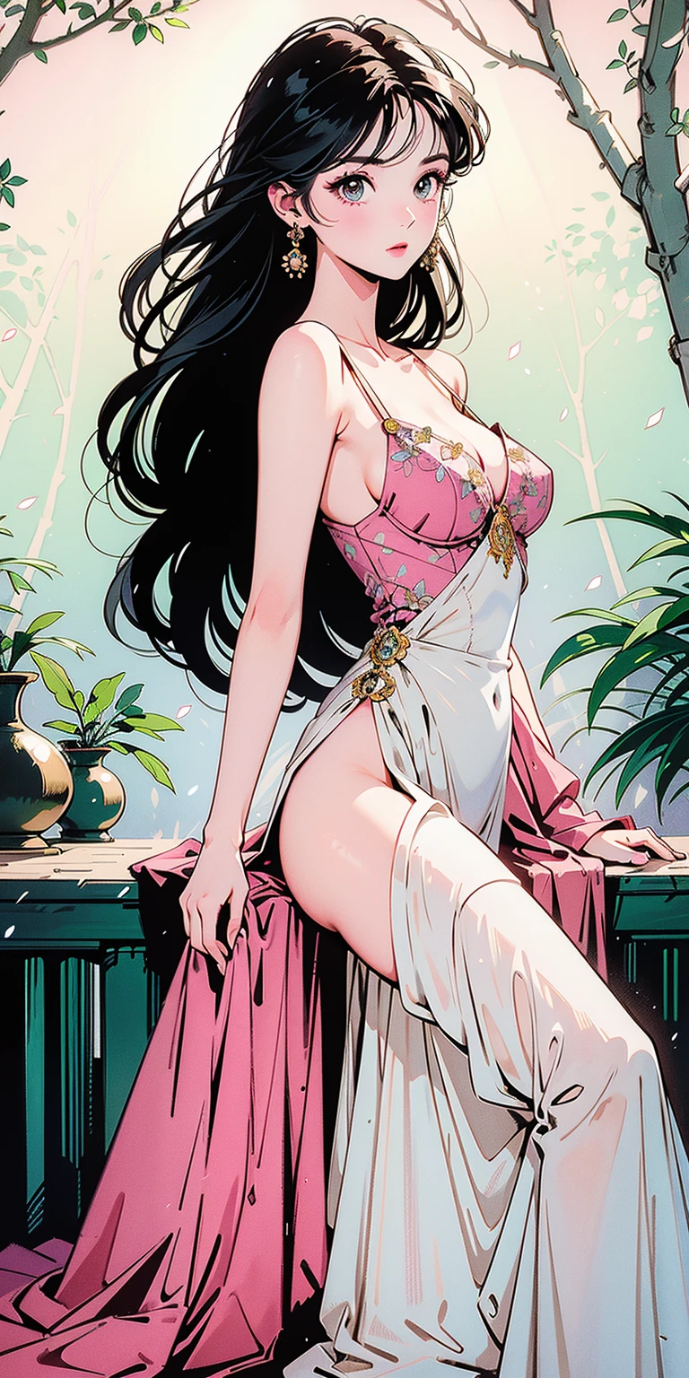 Detailed Background,Art Deco,Beautiful landscape painting,Botanical Art,Flower Art,(Floral:1.2), (masterpiece, Highest quality),Vibrant colors,colorful, Highest quality, Amazing details, Anatomically correct, Line art, Written boundary depth,Flat Shading,Bokeh, woman、14 years old、Black Hair、 Parting the bangs and sticking out the forehead、whole body、Pink Good、Pink Fundoshi、Showing pussy、 Sit with your legs apart:1.5、Showing pussy、sexy、Passionate、Stretch your legs、(Thighs)、(Large Breasts)、Plump Style、(barefoot)、 Mucha style、Ukiyo-e style、Looking up at the camera、Browsing Caution,Model body type,