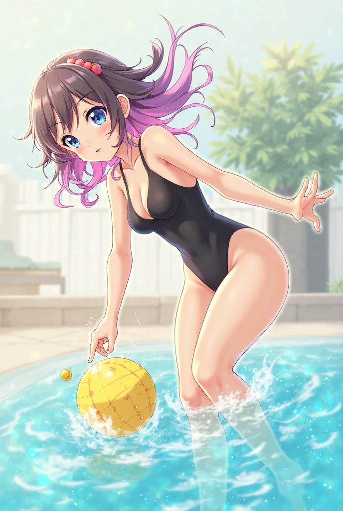 ランダムなポーズ、Random patterned swimsuit、Random patterned swimsuit,Swimsuit,Blushing、short hair、Black Hair、Pale purple eyes、Head to toe full body、Blushing、Embarrassed look、Composition from the front、A view from slightly below、school swimwear、Acme Face、Random pose、, 、nsfw、Highest quality、1 girl、solo、Ocean、Sandy Beach、Sexy pose、Random pose、Blushing、wet、Embarrassed、I can see half of my 、、One piece swimsuit、(Strap slip:1.3)、