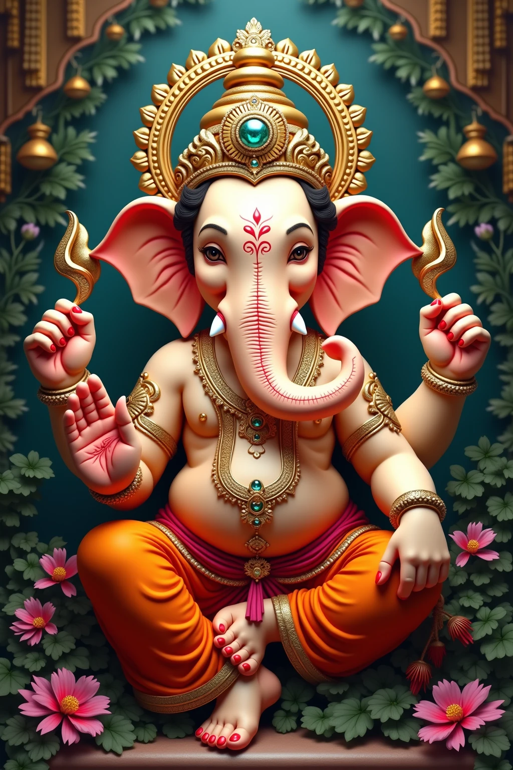 Ganesha: "Create an image of Lord Ganesha adorned with intricate gold jewelry, vibrant floral garlands, and a richly decorated throne. The backdrop should feature elaborate patterns with traditional motifs."
