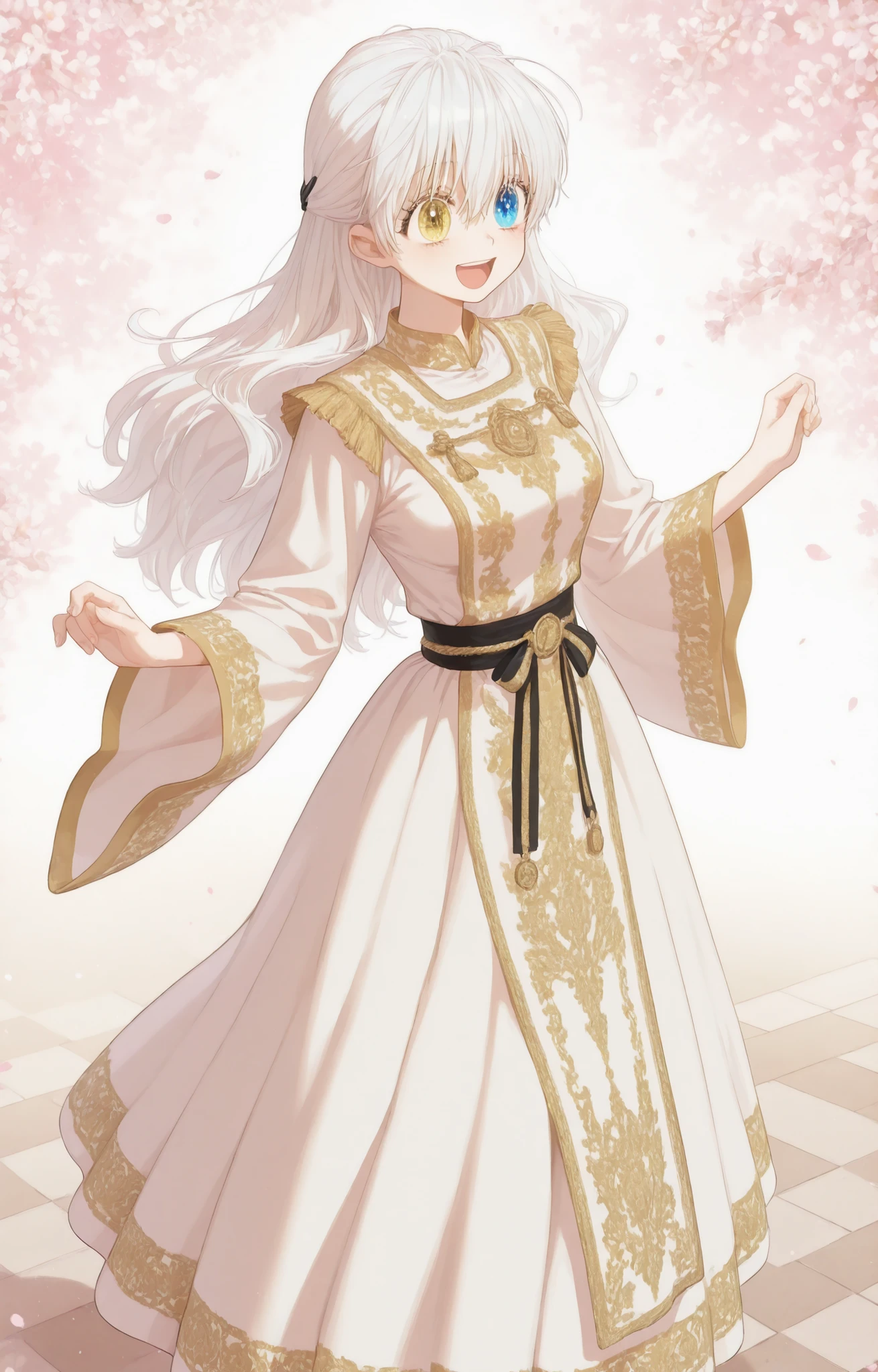 Masterpiece, newest, good quality, safe, Good anatomy 1.5, , Ultra alta definición, HD. beautiful, anime. long white hair. heterochromia: Sky blue right eye, Gold yellow left eye. happy and excited, dark eyelashes, piel clara, slim build, Medium Breasts Size C. She is 18 years old, measures 1'66 cm. looking at the spectator, Alone, Spring background. wearing clothes: Floor-length kaftan, Wide sleeves with elaborate embroidery, waist marked with jeweled sash, superimposed layers of vaporous fabric.