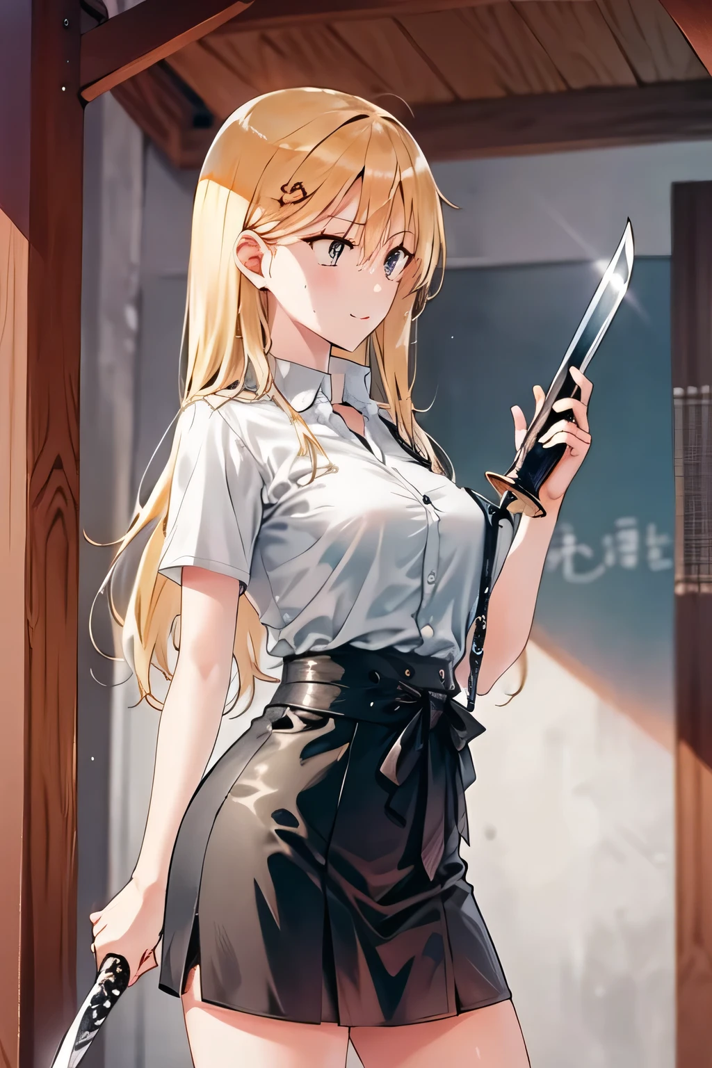 Blond wavy long-haired woman, ,can you draw long blade Japanese sword accurately while wearing a high school uniform,(((don't trim your face because facial expression is a top priority))),,I am alone ,teacher's house with a cane,holding a Japanese sword with a long blade,A woman fighting with a Japanese sword ,can you accurately draw details of human hands and feet、Sunny Day、Outdoors,The enemy is hiding ,(Let's draw a more delicate expression), , big breasts, thin waist , , ,can you draw the details of a long blade accurately,