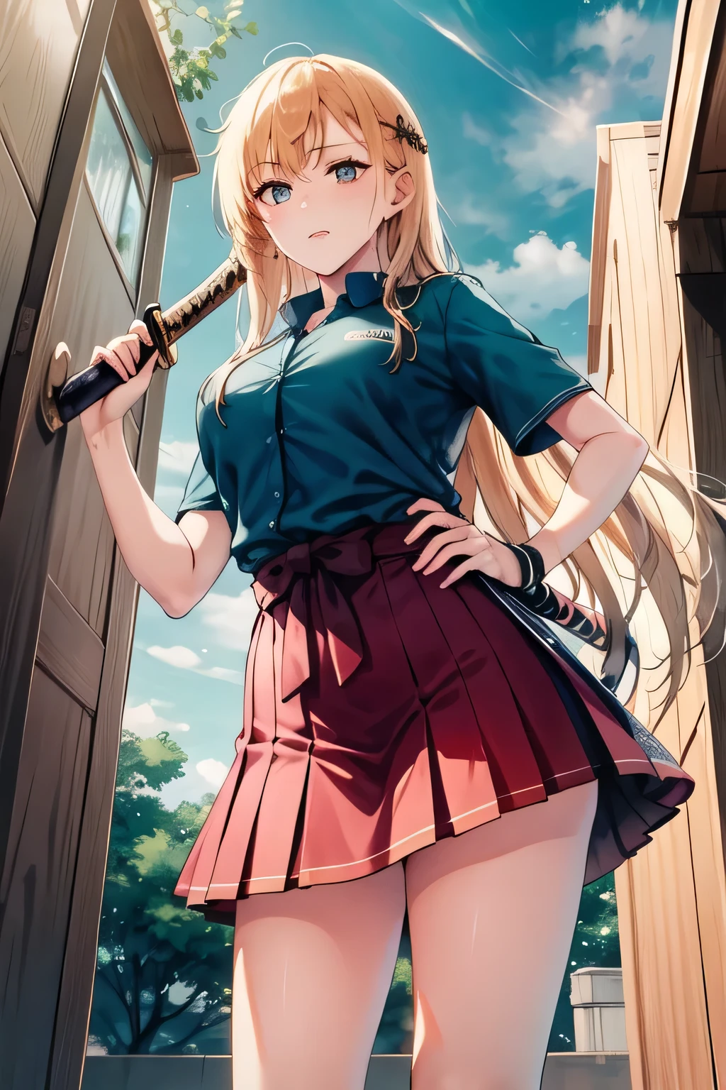 Blond wavy long-haired woman, ,can you draw long blade Japanese sword accurately while wearing a high school uniform,(((don't trim your face because facial expression is a top priority))),,I am alone ,teacher's house with a cane,holding a Japanese sword with a long blade,A woman fighting with a Japanese sword ,can you accurately draw details of human hands and feet、Sunny Day、Outdoors,The enemy is hiding ,(Let's draw a more delicate expression), , big breasts, thin waist , , ,can you draw the details of a long blade accurately,