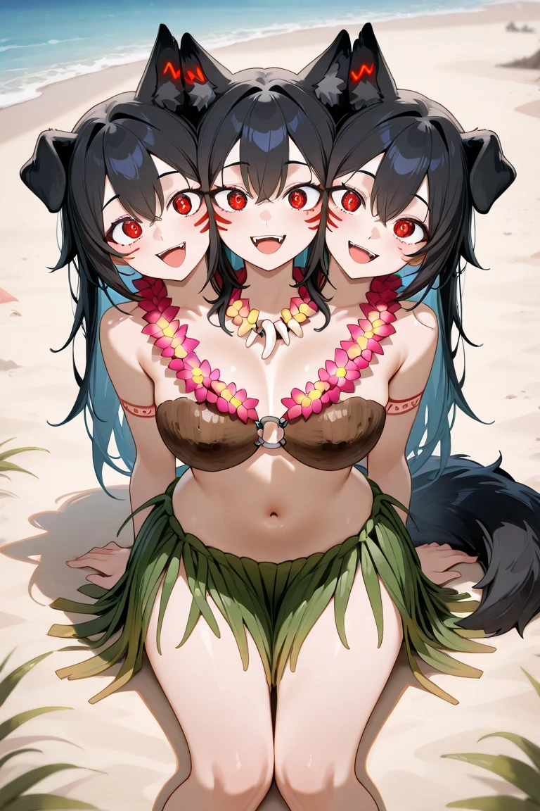 furry girl, wolf, black hair, punk hairstyle, huge long spiky ponytail, anime style, small breasts, red eyes, ((deep red bikini ruffled triangle, high cut bottom, star necklace, beach sarong with stars on hips)), high quality, detailed body, detailed eyes, detailed face, masterpiece, glistening body, detailed body fur, best quality, two tone body, gray fur, clear gray fur, perfect lighting, perfect shadows, perfect eyes, perfect hair, perfect face, gorgeous body, skinny, :3, hug another, 2 girls,