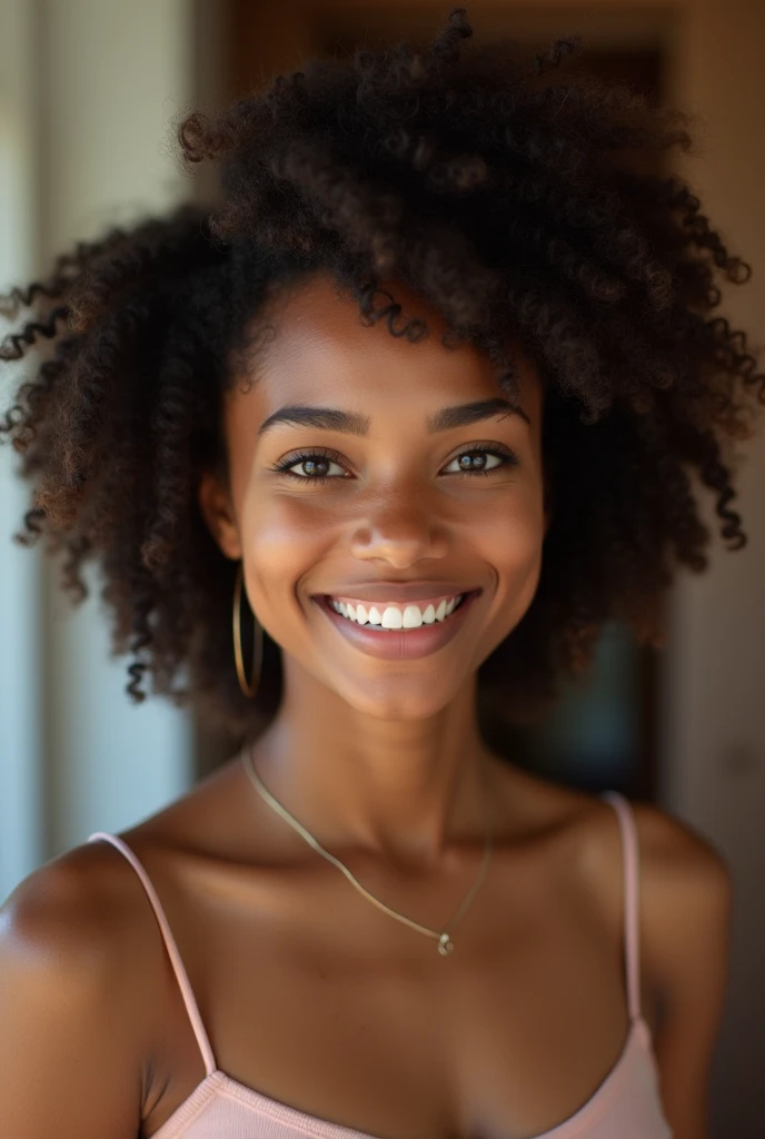 beautiful lady, light freckles, dark makeup, fair, big smile, hyper detailed photography, soft light, full head and shoulders portrait, blanket, curly afro hair tied back, in waistless dress