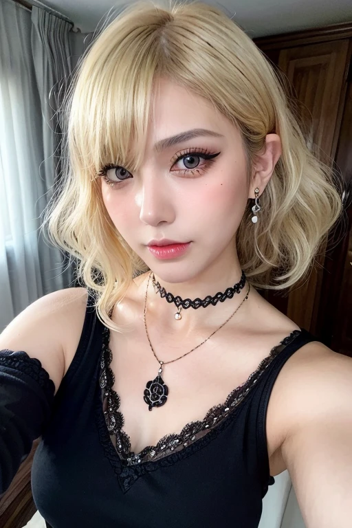 Close your eyes、Close up portrait of woman with perfect lips, blush very hard, Kissable face and lips, fabulous makeup, against a wall