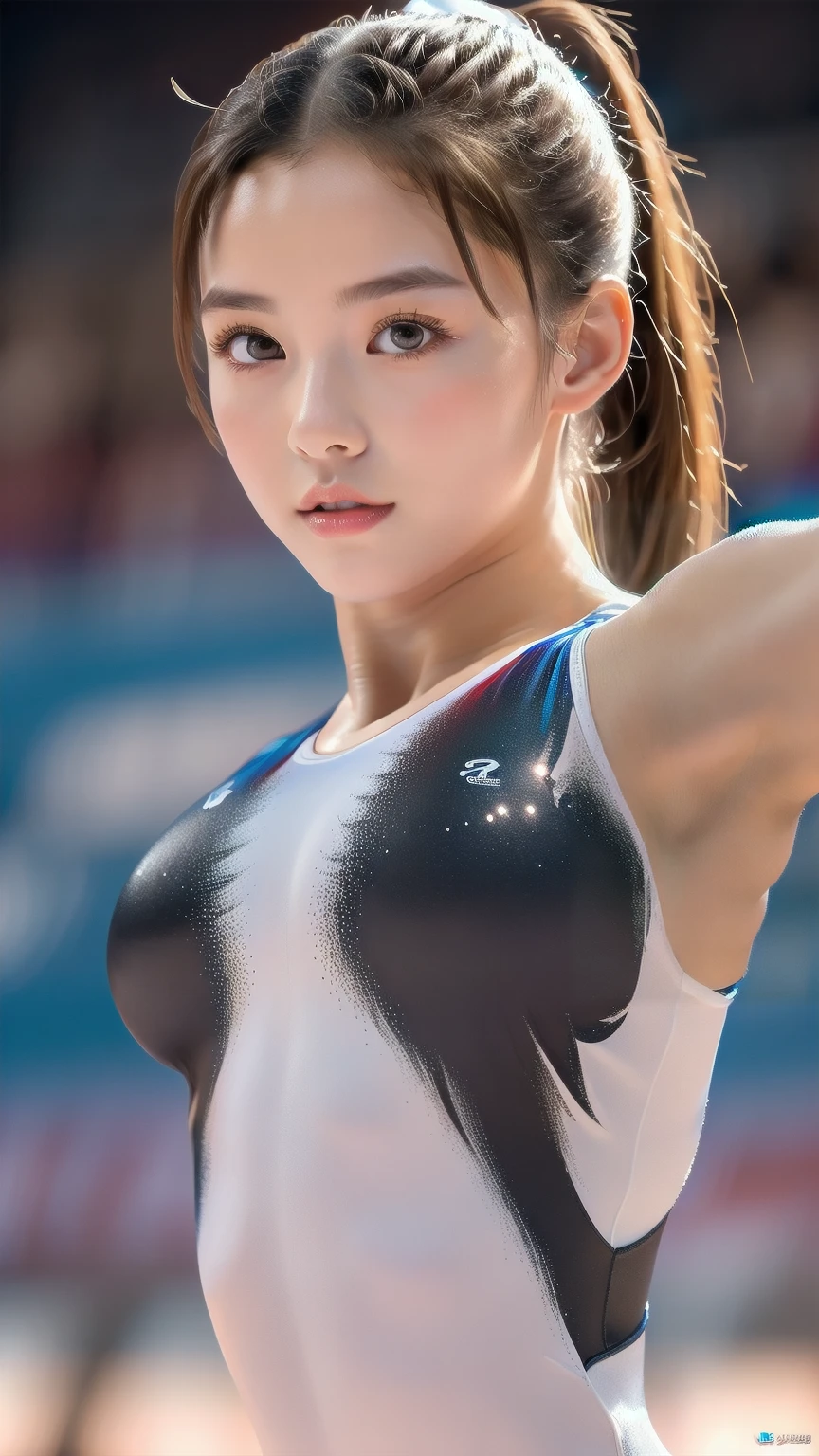 ((indoor, 新gymnastics arena, gymnastics arena:1.3)), ((Highly detailed skin), Beautiful realistic face, White skin, Pointed Chest, Small nipples, Perfect Anatomy, Realistic eyes, Natural eyes, Brown eyes, Accurate eye focus, Accurate limbs), (hyper realist, Ultra-realistic, 4K, Attention to detail, Ultra-high resolution, Highest quality, masterpiece, Presence, dynamic, Uplifting, bold, Sharpness), (Thinning hair:2), (Soft Hair:2), (Straight hair:1.5), Long, slicked bangs, Light copper amber hair, Hair on one eye, (Twin tail hair), (Female gymnast, Detailed costume, Wearing a long sleeve leotard:1.5), Shiny long sleeve leotard, Metallic colors long sleeve leotard, Racing long sleeve leotard, Gymnastics Long Sleeve Leotard, ((High leg long sleeve leotard, Long sleeve leotard with crystal embellishment)), ({Metallic red color| Metallic purple color| Metallic white color| Metallic navy color| Metallic pink color| Metallic gold color| Metallic silver color| Metallic black color| Metallic colors}Long sleeve leotard colors), (Big Breasts:1.5), Tall, Elongated arms and legs, Small waist, Small hips, Crouching, M-shaped split, (squat:1.2), squat with your legs wide apart, Spread your legs, The long-sleeved leotard is digging into her butt, barefoot, Looking into the camera, smile, (Underhair does not grow), 