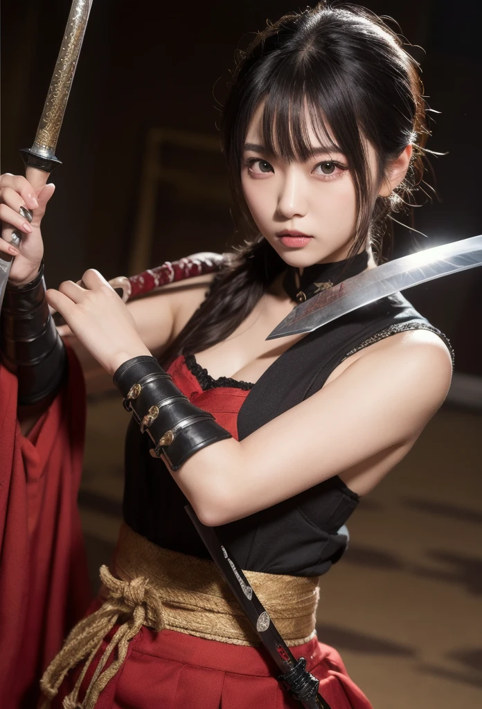 a woman kneeling down with a sword in her hand,very beautiful cyberpunk samurai,she is holding a katana sword,unsheathing her katana,she is holding a sword,ornate korean polearm behind her, realistic anime 3D style, cgsociety 9,2.5D cgi anime fantasy artwork, 3 d anime realistic.pose beautiful.redAssassin.Standing and sitting with his hands on his knees, Carry the sword on your shoulder.(Stand with your arms crossed over your chest, your back against the wall).hair white.lolita.
