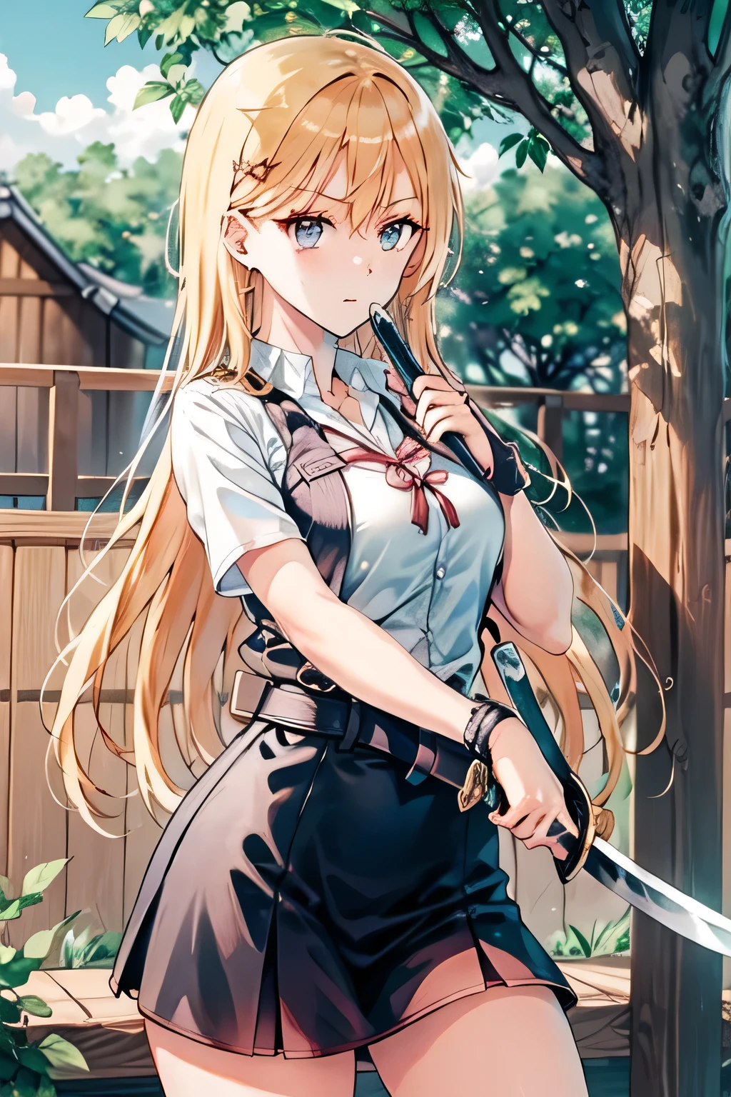 Blond wavy long-haired woman, ,can you accurately draw a long-blade Japanese sword while wearing a high school uniform,(((don't trim your face because facial expression is the top priority))),,I am alone ,teacher's house with a cane,when holding a Japanese sword with a long blade,A woman fighting with a Japanese sword ,can you accurately draw details of human hands and feet、sunny day、Outdoors,The enemy is hiding ,(Let's draw a more delicate expression), , big boobs, thin waist , , ,can you accurately draw details of a long blade,The handle of a Japanese sword is about 30 cm,The blade of a Japanese sword is about 1m,