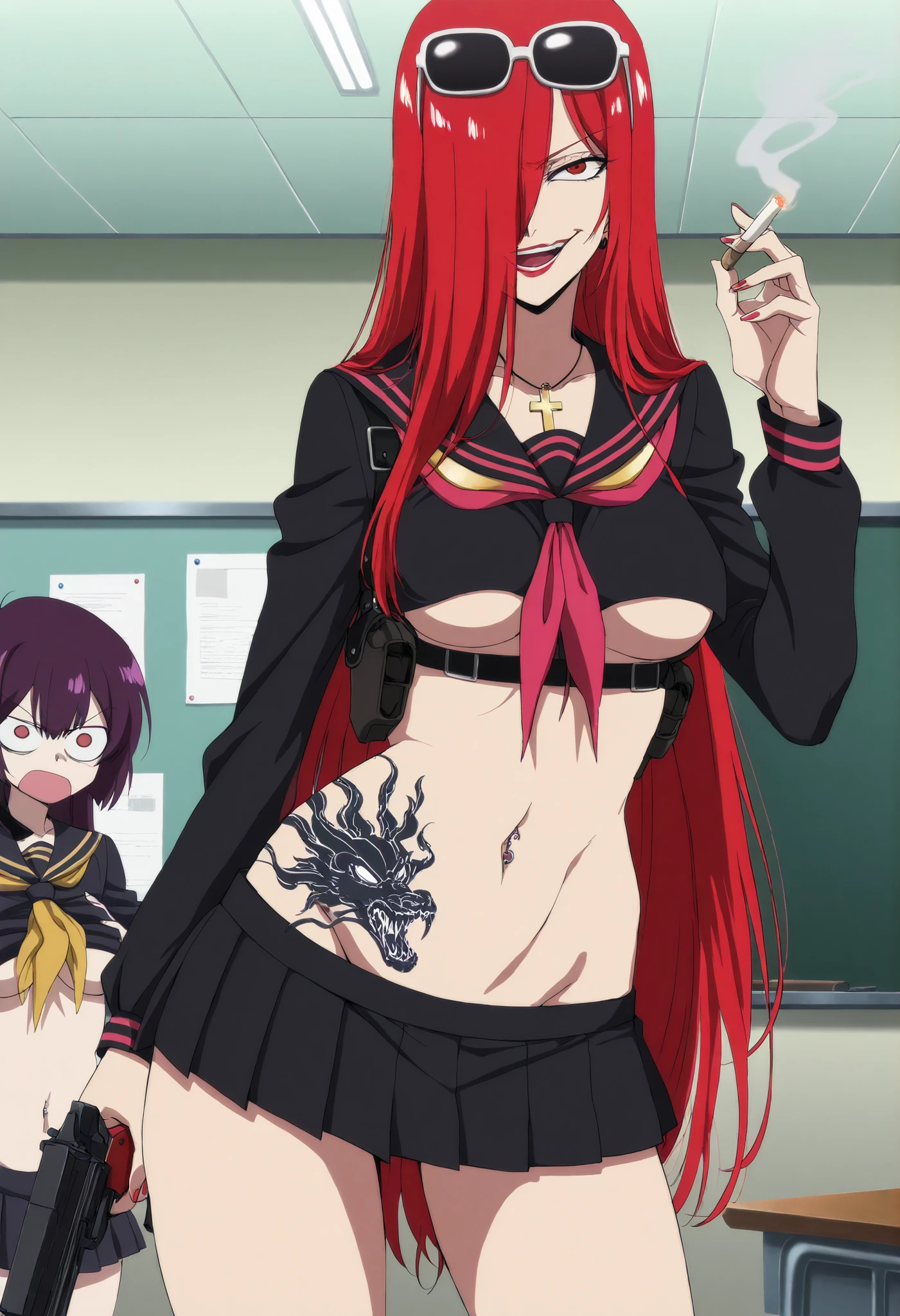 mature female , 2girls , two girls, long hair, high detailed, best quality, ,red lipstick ,medium breasts,, milf, necklace ,,, ear piercing, long hair, blush, lipstick,Hot girl, baddie, smoking, sensual, attractive ,masterpiece, best quality, highly detailed, a girls in sailor uniforms with a gun posing for a picture, evil
smile, smile, open mouth,black_serafuku, (nsfw) not safe for work, ecchi style, high school girls, holding
a gun, hold a gun, micro skirt, exposed belly, exposed navel, exposed midriff, holding pistol,underboob,
exposed lower belly,school, classroom, navel piercing , ,, dragon tattoo , narrowed eyes , tattoo midriff , looking at wiewer, Tokyo Ghoul Style