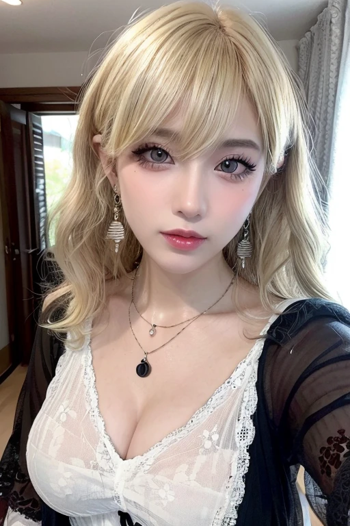 (Highest quality、4K、8k、High resolution、masterpiece:1.2)、Very detailed、(Genuine、Realistic、Realistic:1.3)、Many piercings all over the body、Japanese Gal、blonde、Gal Makeup、Gal Fashion、Gold Bracelets、Gold Necklace