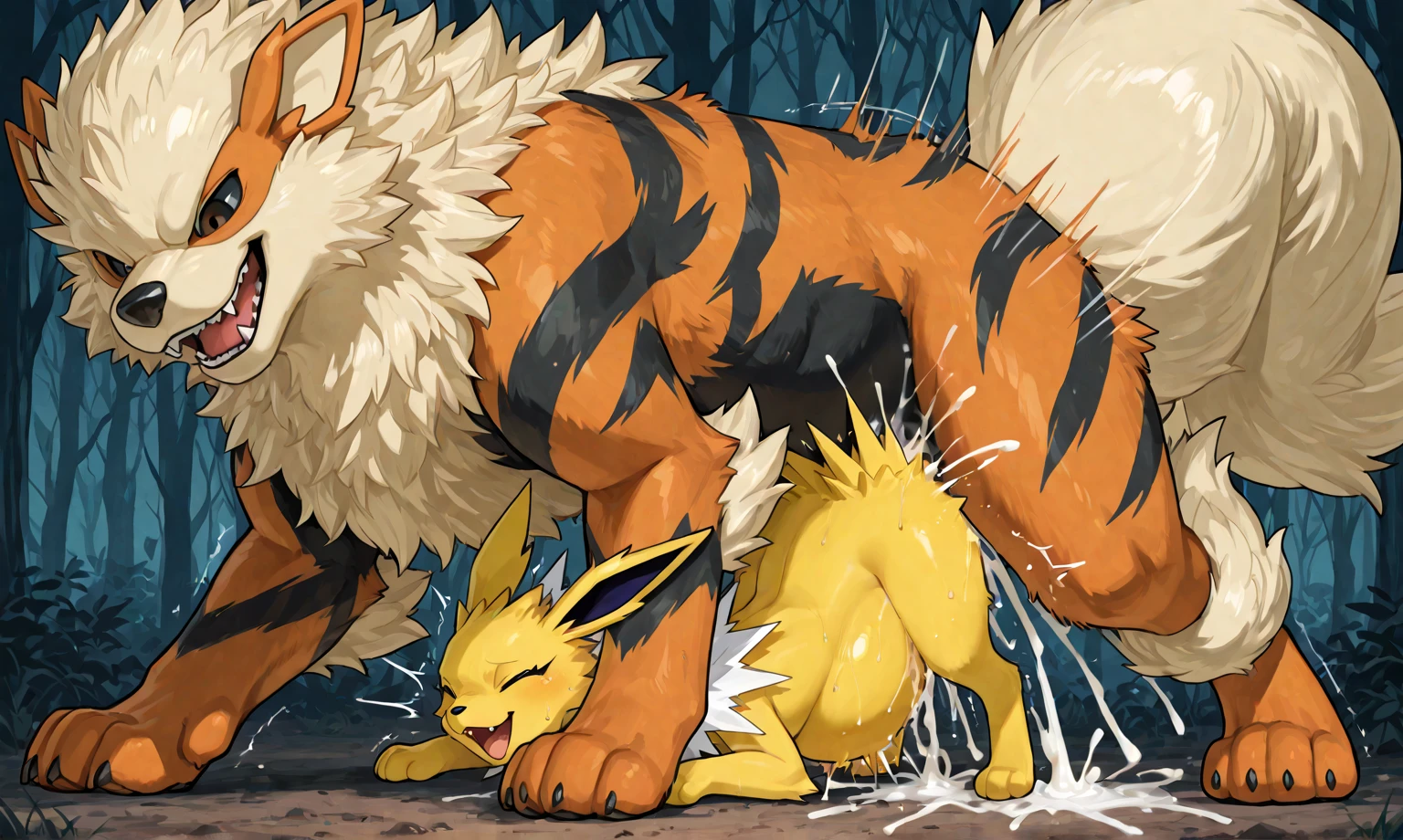 large feral arcanine, small feral fennekin,  press, [arcanine:on top, heavy weight bulky muscular, massive strong body, thick thighs, evil grin, looking down, white  puddle] [fennekin:lying, pain, blush, close eyes, big black , open mouth, submerged in ], size difference, motion blur, motion line, dark forest background