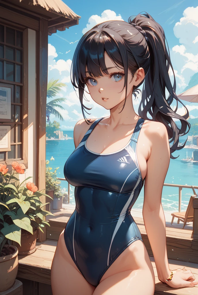 (Unity 16K Wallpaper, Masterpiece, Best Quality, Ultra-Detailed, Extremely Detailed CG, Caustics, Cinematic Lighting, Detailed, Beautiful Detailed Eyes, solo, vivid image quality, brighten the subject, beach),Ultra High Resolution, fine skin、sexy, (curby), nsfw,(school swimsuit:1.3), small breasts, smile, cowboy shot, twin tails