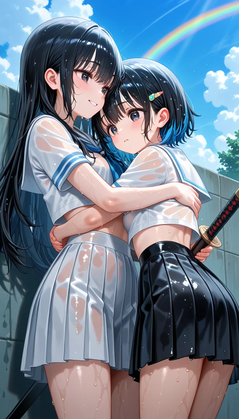 score_9, score_8_up, score_7_up, score_6_up, source_anime, cowboy shot, 2girls, yuri, skin color difference, hair color difference, height difference, age difference, spread legs, large penis, precum, Blowjob