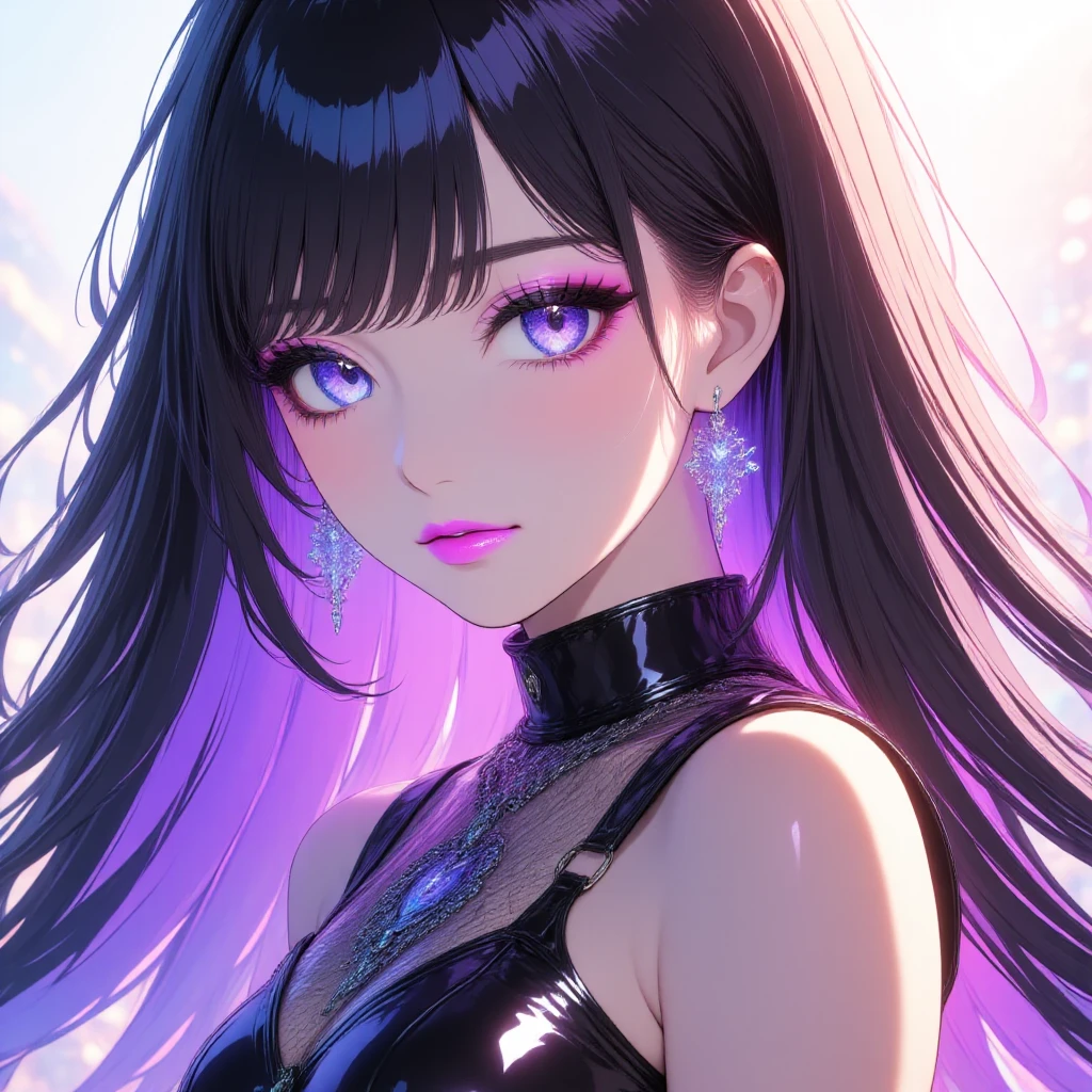Black hair, hair bobble, wince, long eyelashes, real round eyes, fake animal ears, light smile, ear blush, fangs, (multicolored hair), surrealism, drop shadow, anaglyph, stereogram, tachie, gonzo, atmospheric perspective, depth of field, film grain, rococo style, 8K, super detail, curated, top quality, full body, on stage, Shouting with microphone, live lights, neon lights, backstage