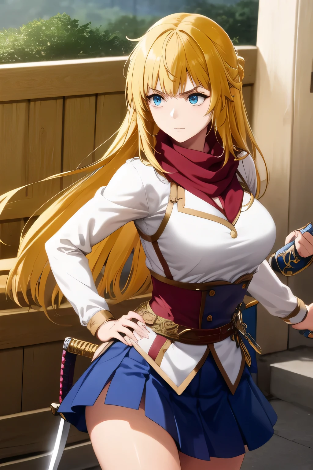 Blond wavy long-haired woman, ,while wearing a high school student's uniform、can you accurately draw details of a Japanese sword with a long blade,(((so facial expression is a top priority、Don't fix your face))),,I am alone ,teacher's house with a cane,can you draw details of a long sword accurately,A woman fighting with a Japanese sword ,can you accurately draw details of a person's hands and feet、sunny day、Outdoors,The enemy is hiding ,(Let's draw a more delicate expression), , big breasts, thin waist , , ,when holding a Japanese sword with a long blade,the length of the handle of a Japanese sword is about 30 cm,The length of a Japanese sword blade is about 1m,