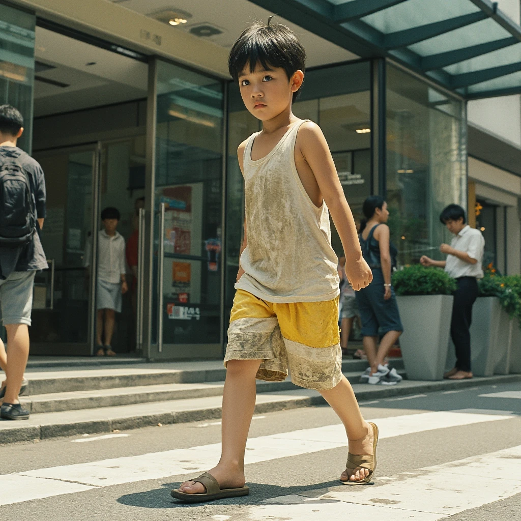 Cute Asian little boy about five years old with round face running in the market
