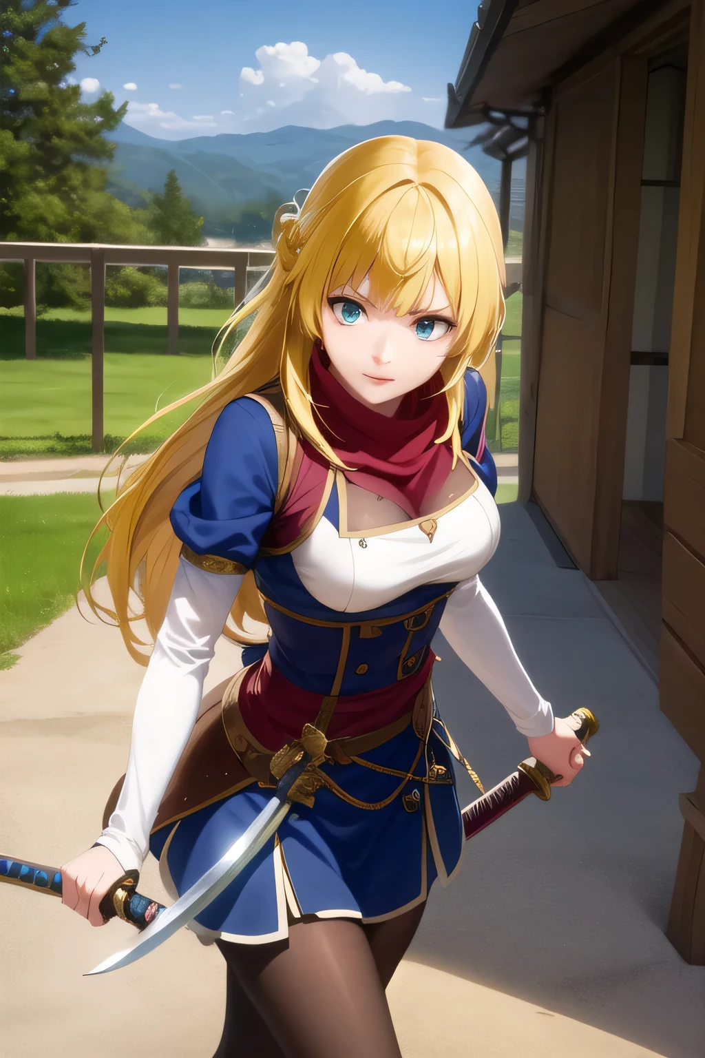 Blond wavy long-haired woman, ,while wearing a high school student's uniform、can you accurately draw details of a Japanese sword with a long blade,(((so facial expression is a top priority、Don't fix your face))),,I am alone ,teacher's house with a cane,can you draw details of a long sword accurately,A woman fighting with a Japanese sword ,can you accurately draw details of a person's hands and feet、sunny day、Outdoors,The enemy is hiding ,(Let's draw a more delicate expression), , big breasts, thin waist , , ,when holding a Japanese sword with a long blade,the length of the handle of a Japanese sword is about 30 cm,The length of a Japanese sword blade is about 1m,