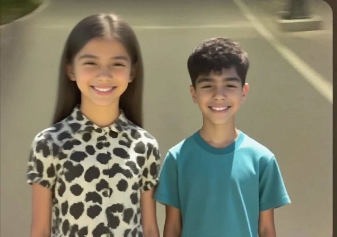 A brunette girl with dark brown eyes next to a boy with dark brown eyes of medium height. The boy and the girl have American haircuts and short hair. The girl has wavy brown hair. 