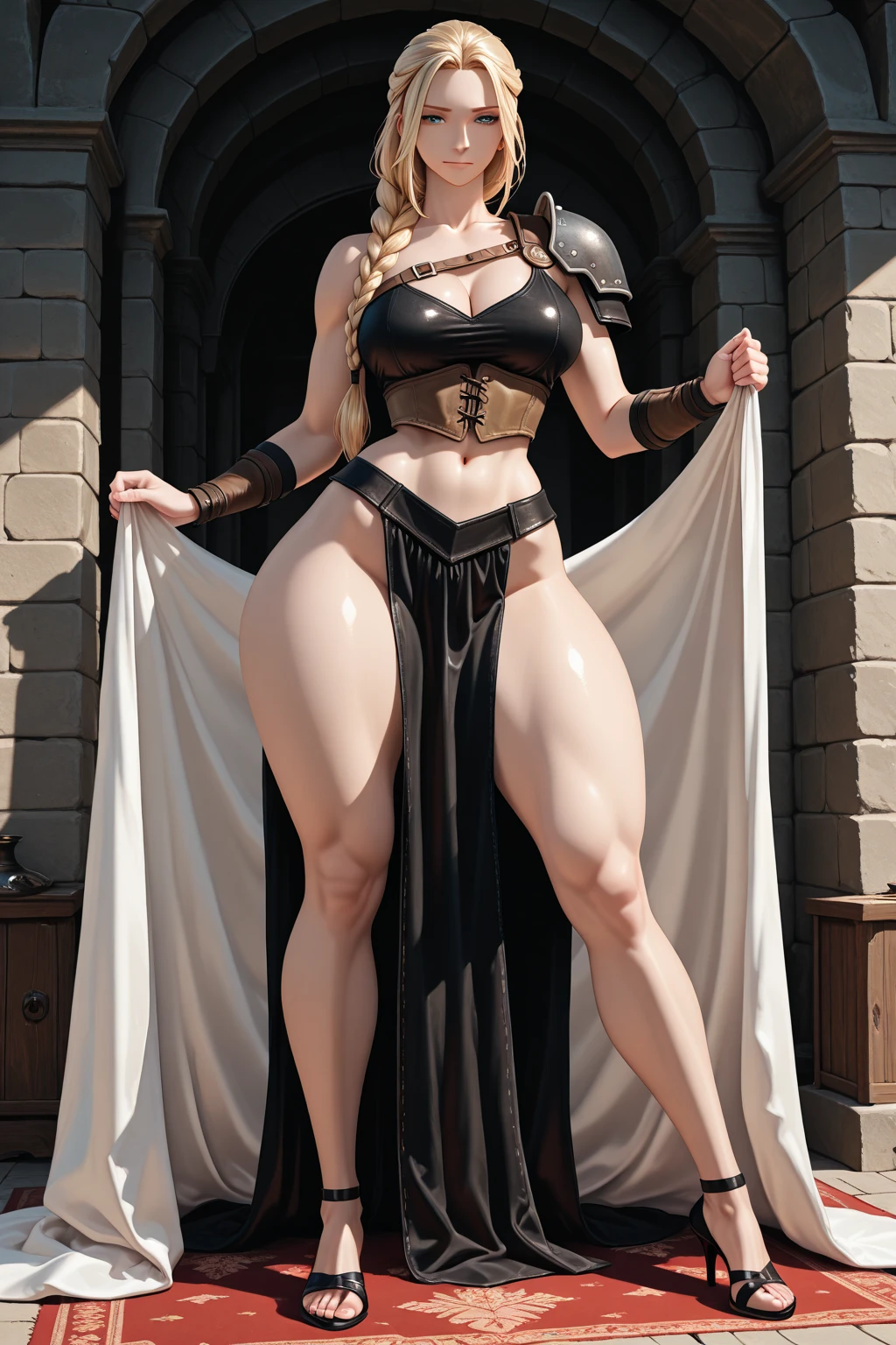 score_9, score_8_up, score_7_up, score_6_up, score_5_up, score_4_up, Medieval mercenary bimbo lady, mature woman, sexy, long straight blonde hair, hair covering one eye, big puffy bimbo lips, pouted lips, squinting eye, ((NSFW)), ((Full body)), ((gigantic breasts)), ((sagging breasts)), wide hips, thick thighs, huge ass, detailed background,