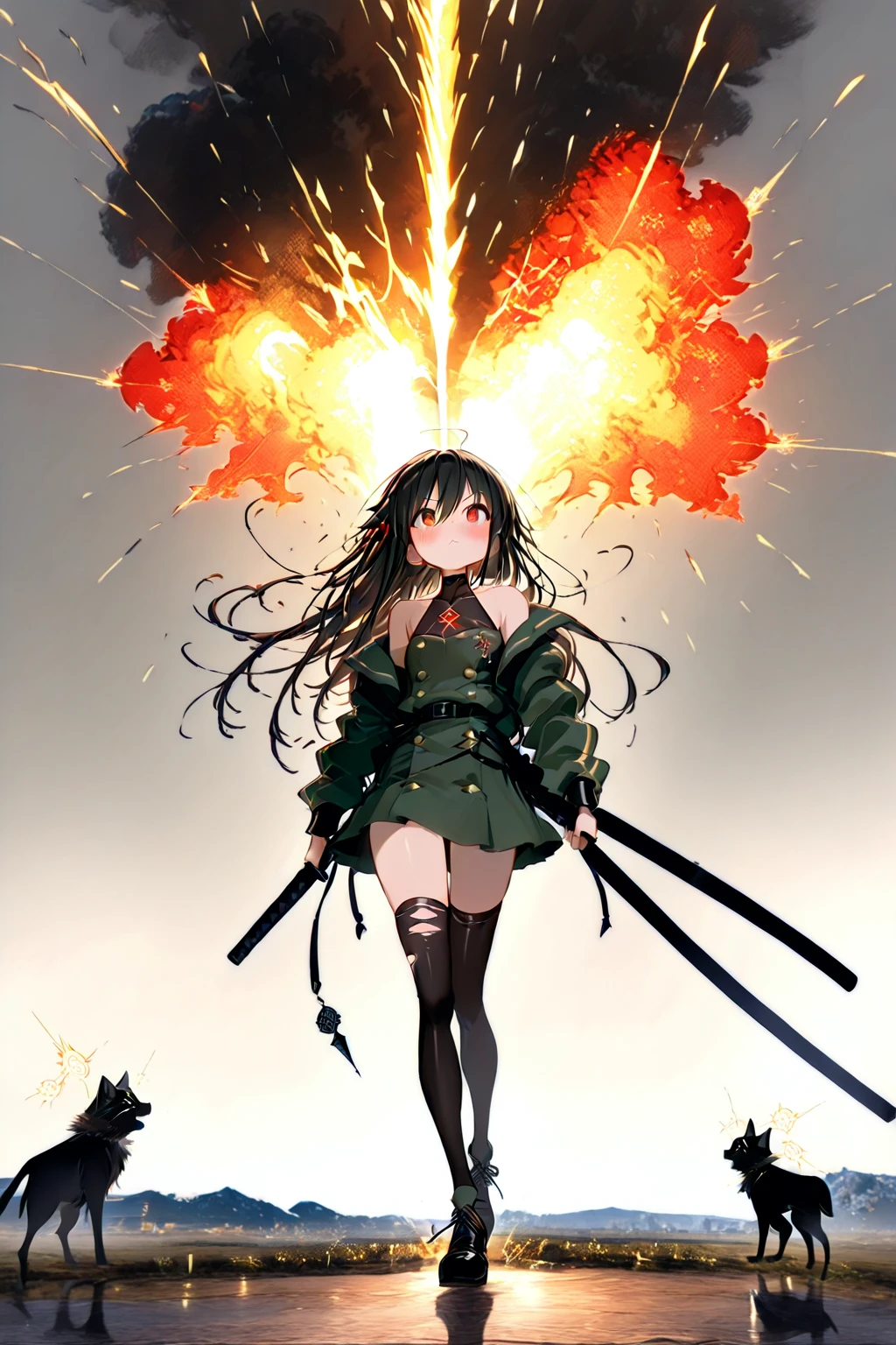 (anime artwork, anime style, studio anime, very detailed, up to date, vibrant, Anime Coloring, high contrast, masterpiece:1.2, best quality, best aesthetics),2 girl,hug from behind,army suit, pleated skirt, Medium chest, A glimpse of thighs,random hair, One eye is hidden by the bangs, perfect proportions, high detail skin, Cute, detailed faces,forest, precise fingers,panty shot ,catfight battle,power bombs