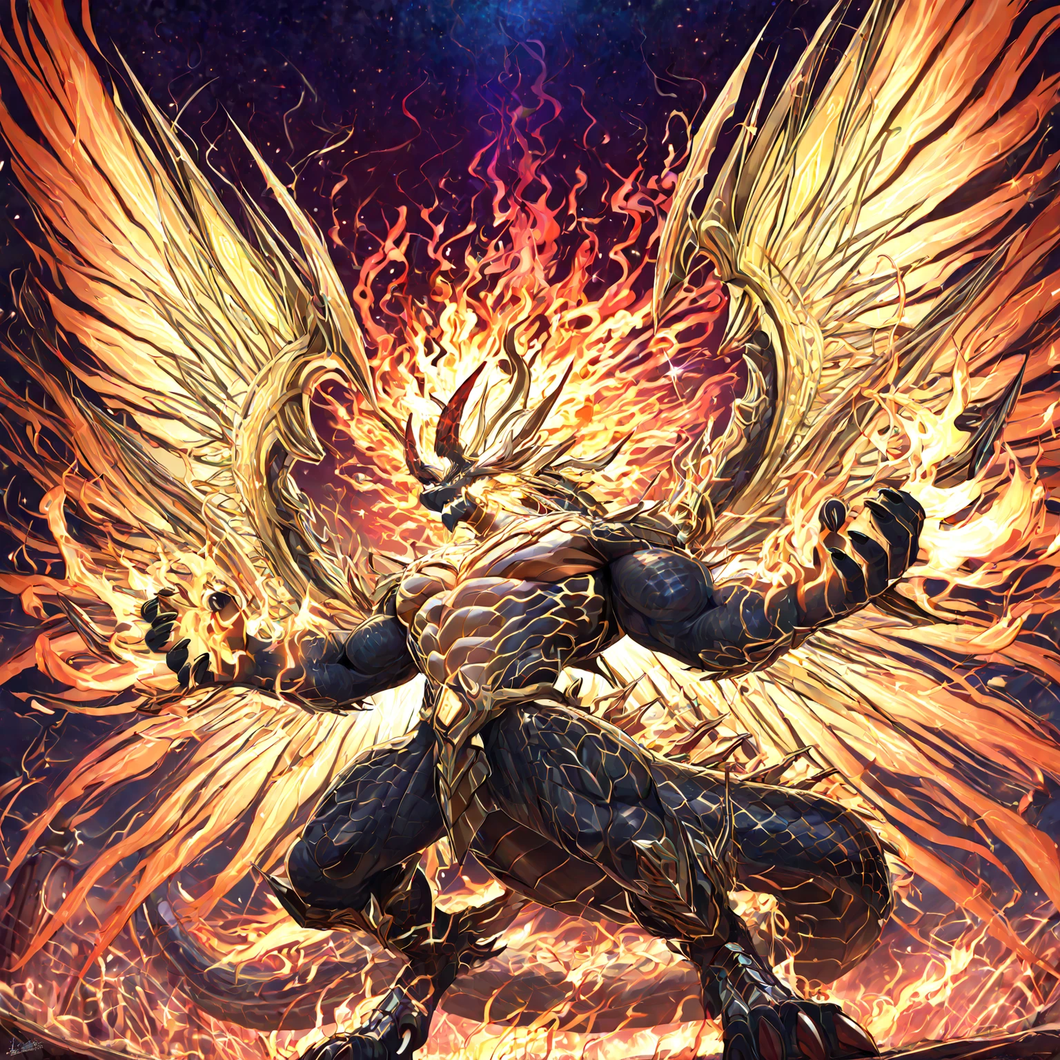 8k、Highest quality、Japanese taste、Horror、Standing on a mountain towering into the sky、Tengu-like demon、Red body human、Muscular body、Scary expression、Black Feather、Japanese Yokai
