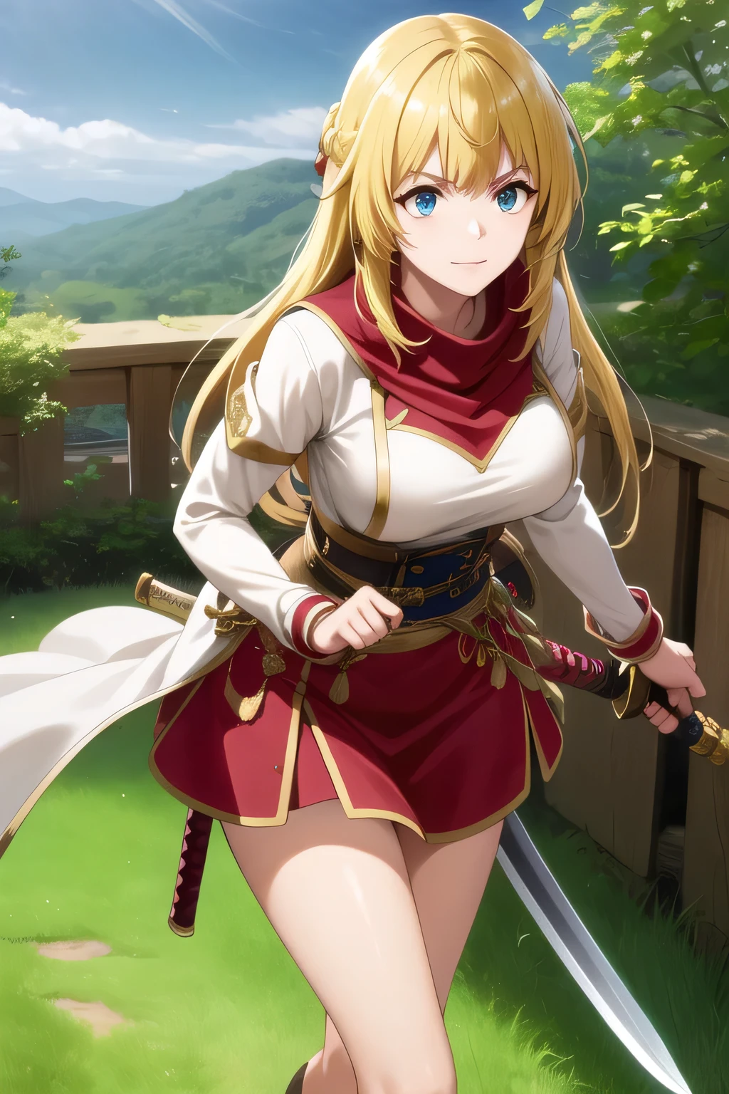 Blond wavy long-haired woman, Smile Yan,can you draw the details of a high school uniform if possible,,when wearing a high school uniform、can you accurately draw details of a Japanese sword with a long blade,(((So facial expression is the top priority、don't frown))),,I am alone ,teacher's house with a cane,can you accurately draw details of a long sword,A woman fighting with a Japanese sword ,can you accurately draw details of a Japanese sword with a long blade、sunny day、Outdoors,The enemy is hiding ,(Let's draw a more delicate expression), , big boobs, thin waist , , ,can you draw details of a long sword accurately,the length of the handle of a Japanese sword is about 30 cm,the length of the blade of a Japanese sword is about 1 cmm,