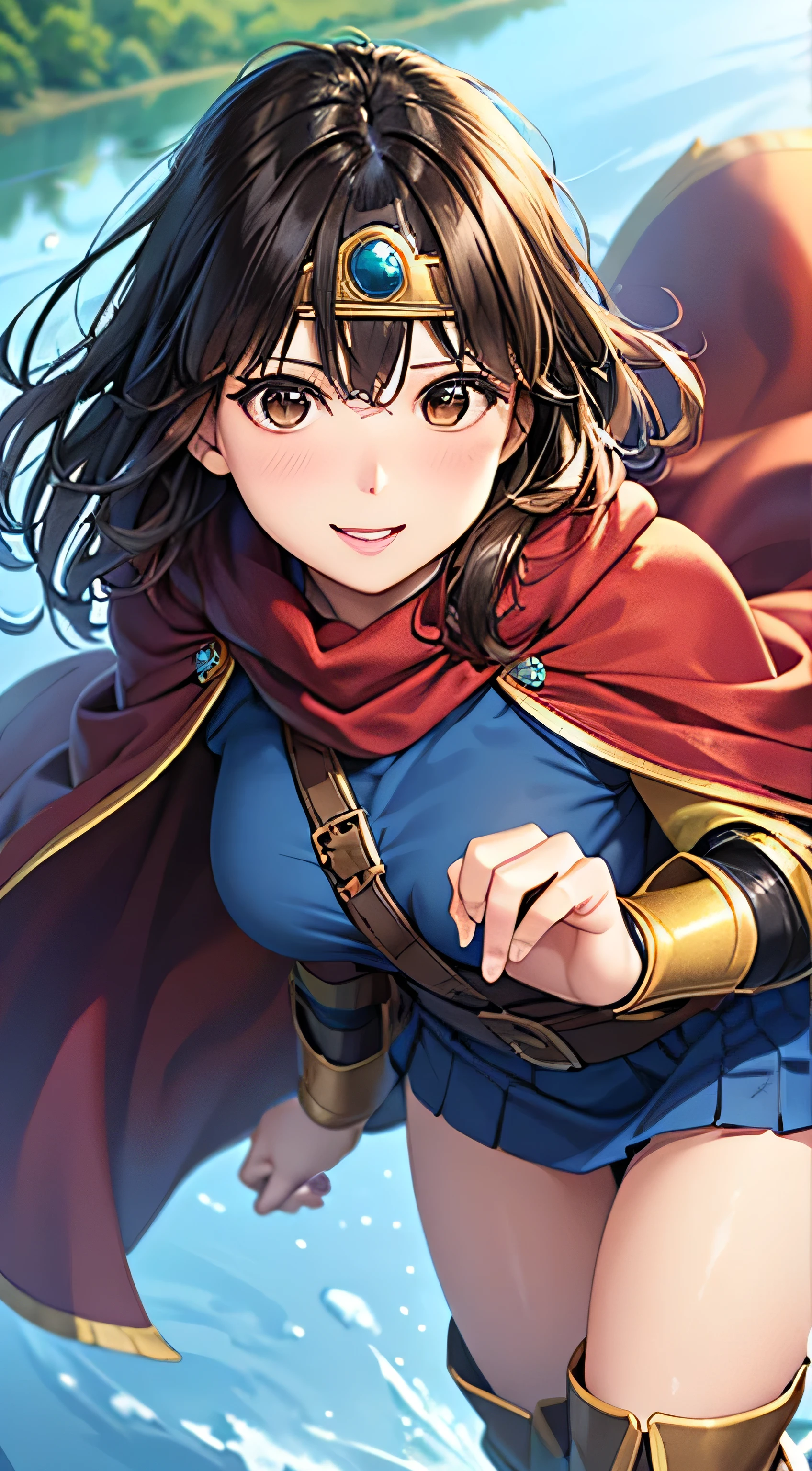 masterpiece,  look at viewer, 1girl, standing, solo, face focus, from above, cowboy shot,
Hermione Granger,  <lora:fongletsHermioneGranger_v11:0.8>, long hair,
<lora:heroineDragonQuest_v10:0.65>, roto (dq3),circlet, medium breasts, cleavage, strapless, blue dress, purple cape, thighhighs, gloves, boots, belt, scabbard,, knee boots,
school,embarrassed, smile,
