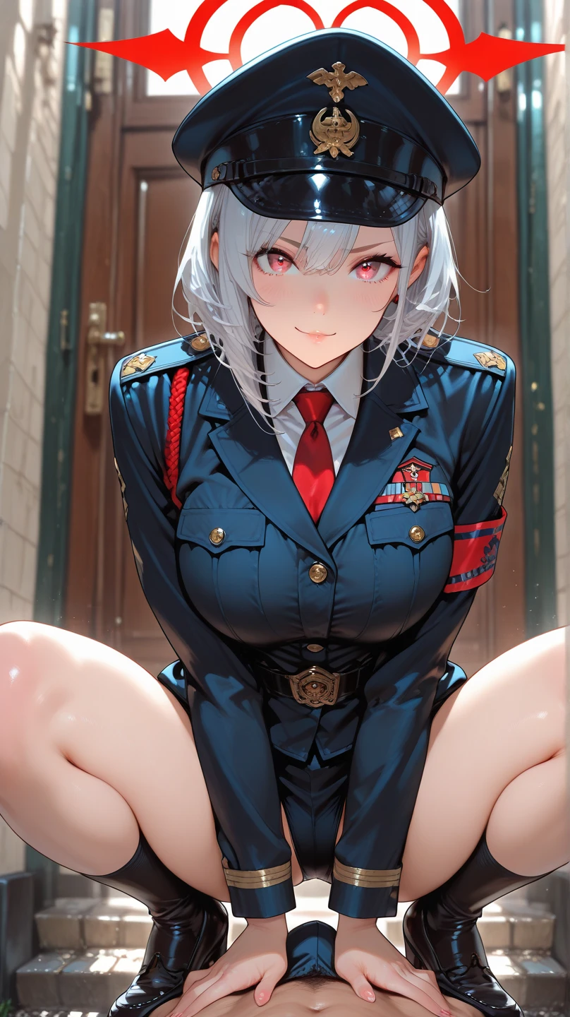 police officer, skirt, thighhigh socks, cocky, smug, dark backalley, silver hair, military cap