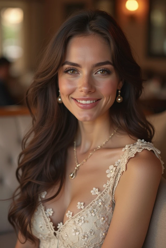she sitting chair at coffeshop ,huge smile, side view, she is wear white lace strapless dress ,large breasti large boobs,g30 ,background modern coffeshop starbucks,at the sturbucks, she is name ahu 20 years old (brunette) ,(tall woman),(long legs),single woman, chest 80 waist 60 hip 80 , G30, tall woman, she is wear black lace long socks and garter, sexy pose, ultrarealistic, , giving a sexy look, huge smiling , .RAW, Nikon Z 85mm, award-winning glamor photography, ((best quality)), ((masterpiece)), ((realistic)), (long brunette hair), hazel eyes,intricate details, highly detailed, sharp focus, professional, 4k, stunning hazel eyes, delicate, innocent, high resolution, detailed facial features, high detail, sharp focus, soft , aesthetic, extremely detailed, photo_\(ultra\), photorealistic, realistic, post-processing, maximum detail, real life, ultra-realistic, photorealism, photography, 8k uhd, photography, russian face,she is wear white lace strapless dress,NSWF, huge smile,cute