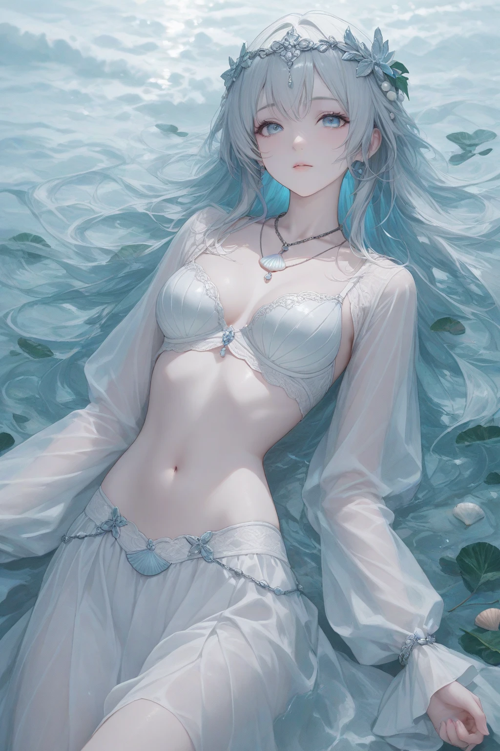 Art by Cornflower, Dreamy
(A petite girl with beautiful fine eyes.) The depth of field in the photo was perfect and the lens flare made it feel nice. The fine features of her face really stood out, and the score in this photo was definitely over 10. In the background, there was a beautiful sea with crystal clear water and water droplets floating on it, a girl was lying in the water, thin robes, white robes, almost naked, white skin, fairy wings on the back, whole body, (small breasts),