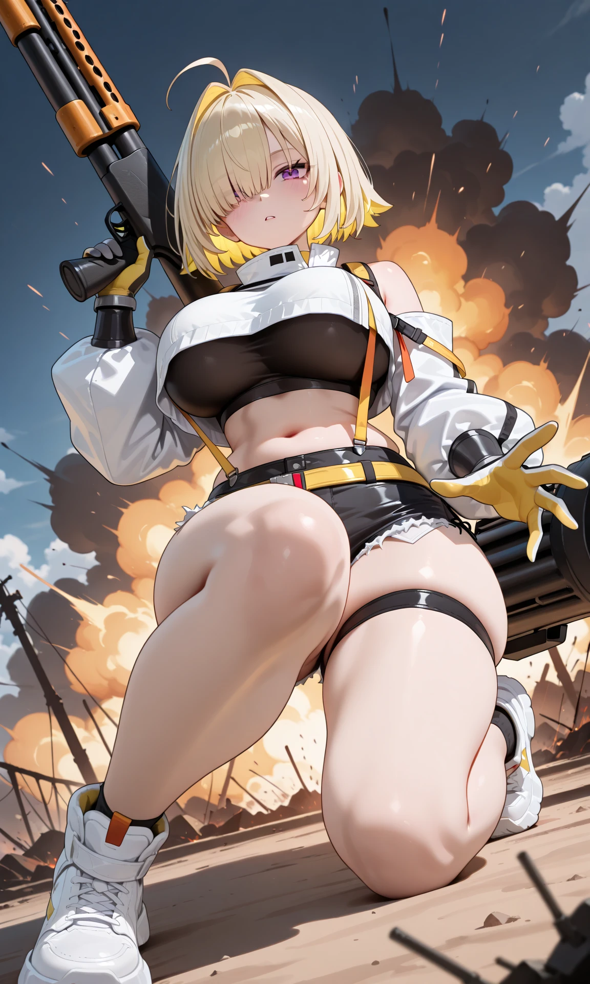 Young girl, Pullover, yellow bikini, mini bikini, whole body to see, disgusting face, angry, scream, pigtails hair , (( very wide hips)), (((colossal Thighs, gigantic thighs, very huge thighs, very big thighs))), fullbody, platform heels, tanned , brown skin, big breast, gun, soldier girl , leg garter, standing, front pose, blonde, black skin, ebony skin,