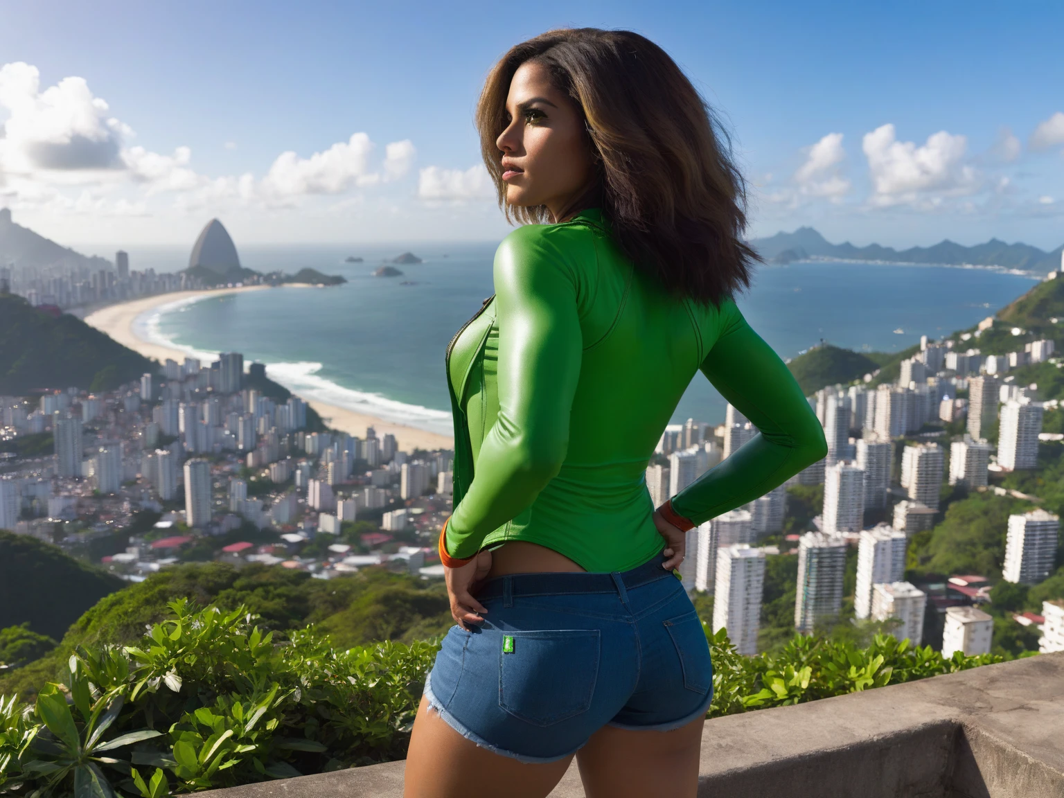 a beautiful girl in a bikini at the Cristo Redentor viewpoint, lush body, perfect legs, , rear view, back Lighting, intricate details, perfect photo, fine finish, vivid colors, 8K UHD, realistic photo, Strong lighting, panorama view