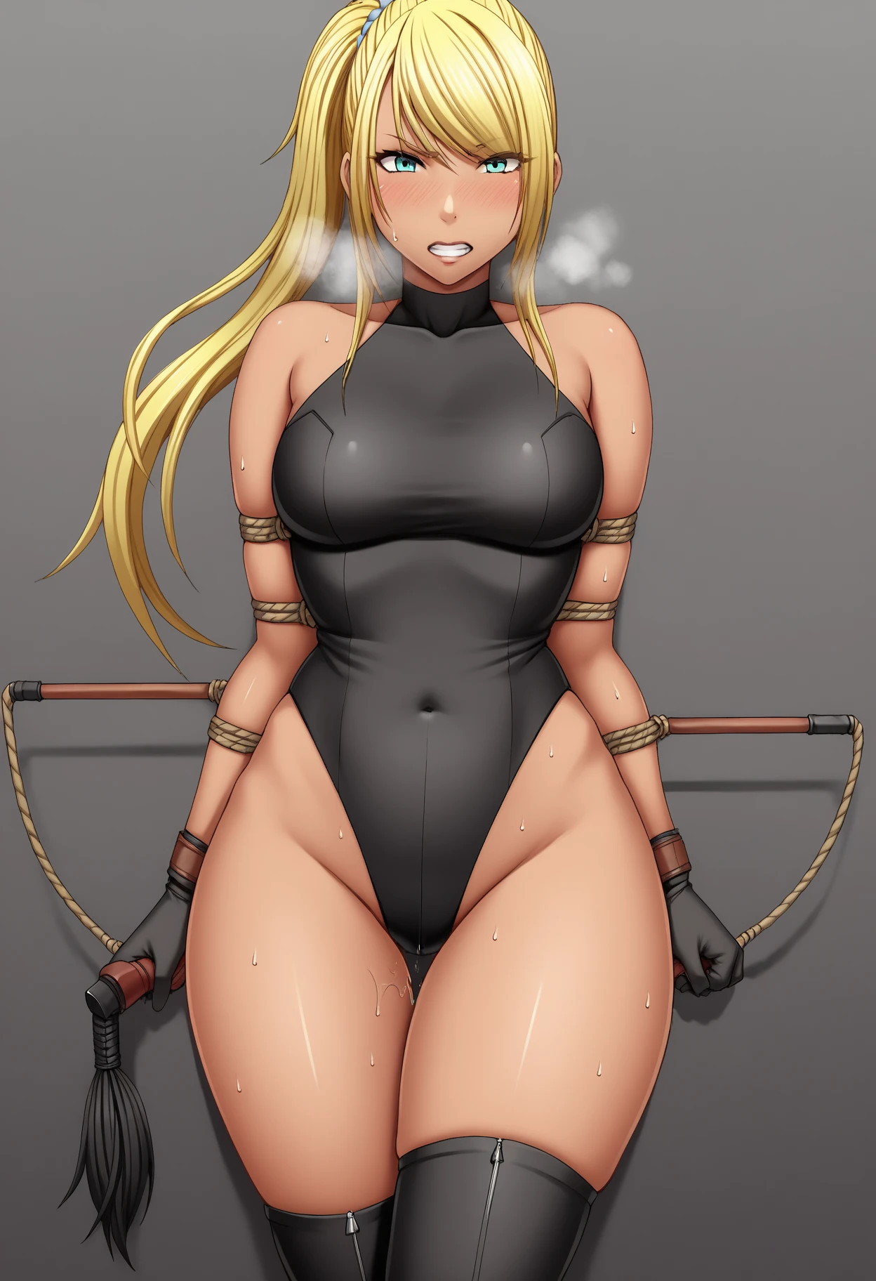 full body bondage latex girl (black background) standing by wooden pole bondage, shibari, bondage, bdsm, rope, gag, ball_gag, blond long hair