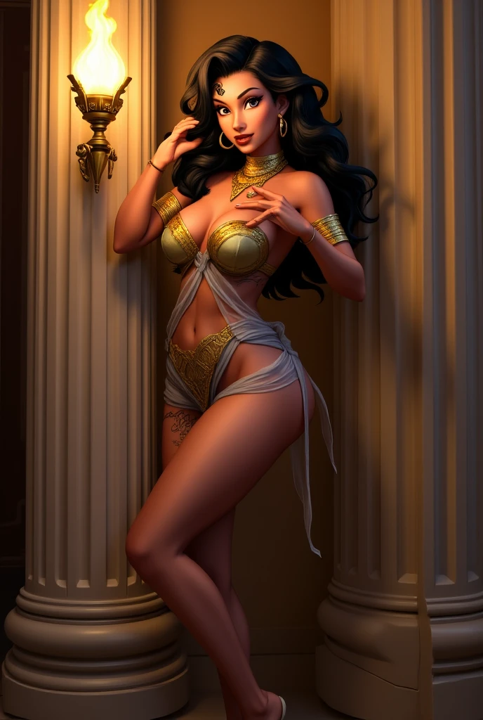 Chitrangada Singh, beautiful, completely naked, voluptuous, walking in a castle, full body view, rear view, head to toe, breasts and butt visible, brown braided hair, gold bangles , waterpot on waist, ancient ruins in background, rear view, daylight, realistic, shade lights, high resolution, by Louis Royo, by Boris Vallejo, by Frank Frazetta