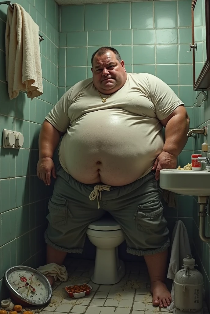 A big man with a big nose and diarrhea on the toilet