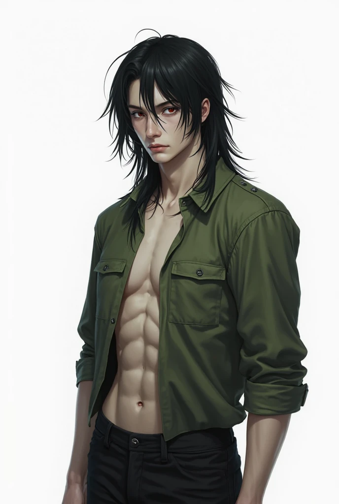 A young man, with intimidating appearance but very sexy, with slanted dark green eyes, he has marked circles under his eyes and an empty, dark look., His hair is black in layers that reaches the nape of his neck., It has a very marked jaw and muscular body., The man wears a black suit with gloves of the same color.