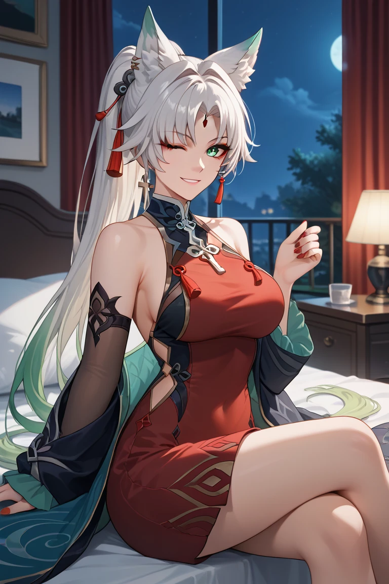 (((Horse Girl))), (((Fine Motion))), Thighs, sitting on a luxurious red sofa, (((Panties are slightly visible))), smile, A young lady-like outfit with a white base and green embroidery, (((White base with green embroidery for a mature and sexy look.))), High resolution, Knees up,
