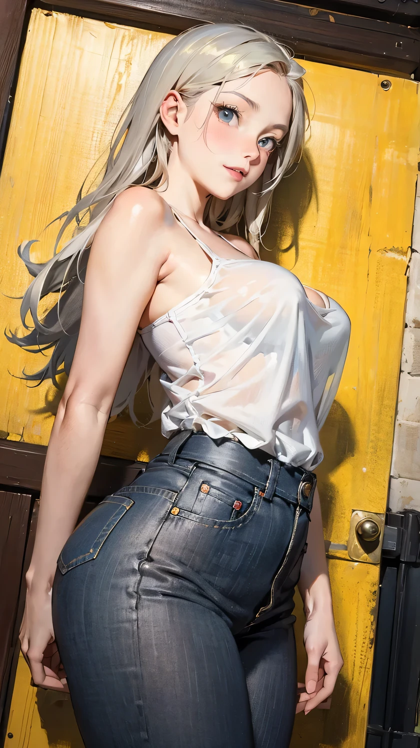 ((master part)), (alta qualidade), corpo inteiro, uma garota com cabelo platinado, curly hair, double braids, seductiveexpression, camiseta muito curta, White translucent t-shirt, camiseta sem estampa, camiseta molhada, translucent fabric, visible lower part of the breast, nipples visible, belly visible, minissaia preta muito curta, aberto na lateral. um joelho para cima, Standing, arms wide open, Hands above the head. leaning against the wall.