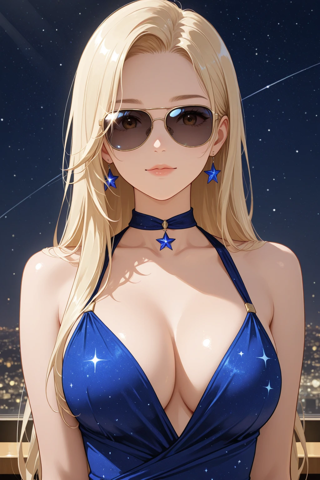 Beautiful and sexy woman。Sparkly Necklace。Belly Piercing。Blonde。Luxury Watches。Blue underwear and white coat。Blue light backlight。Front facing。