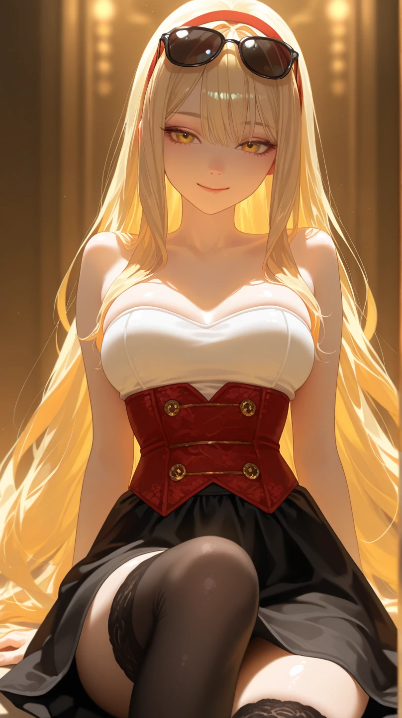 adult girl, longue blonde hair, red eyes, Red Dragon Horns, tattoo, red tight corset, open breasts, Deep wide neckline, open shoulders, Visible navel, Jeans, sitting in chair, Masterpiece, hiquality, 4k, HD, Good detail