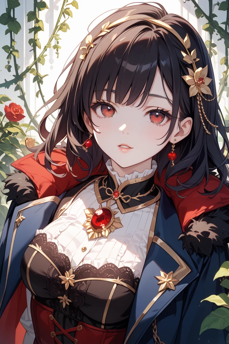 Anime Girl，Purple Eyeshadow，Black long hair，Cat ears，Small Crown，Red off-shoulder dress，Fur collar shawl，wave