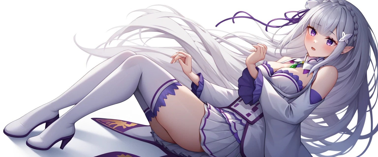masterpiece, One girl, Emilia, Blunt bangs, Long Hair, Crown Blade,
white dress, Detachable collar, Wide sleeves, X Hair Ornament, Hair Flowers, Hair Ribbon, white thigh boots, Cleavage, Purple ruffles, Pleats_white_Skirt sitting on bench, garden, Arms at your sides,
View your viewers, (smile:1.2), blush, From above,Super ruptured chest, Legs open, Penetration - , Vaginal discharge with flowing fluid, sexual excitement, sexual expression, (female pubic hair:1, NSFW