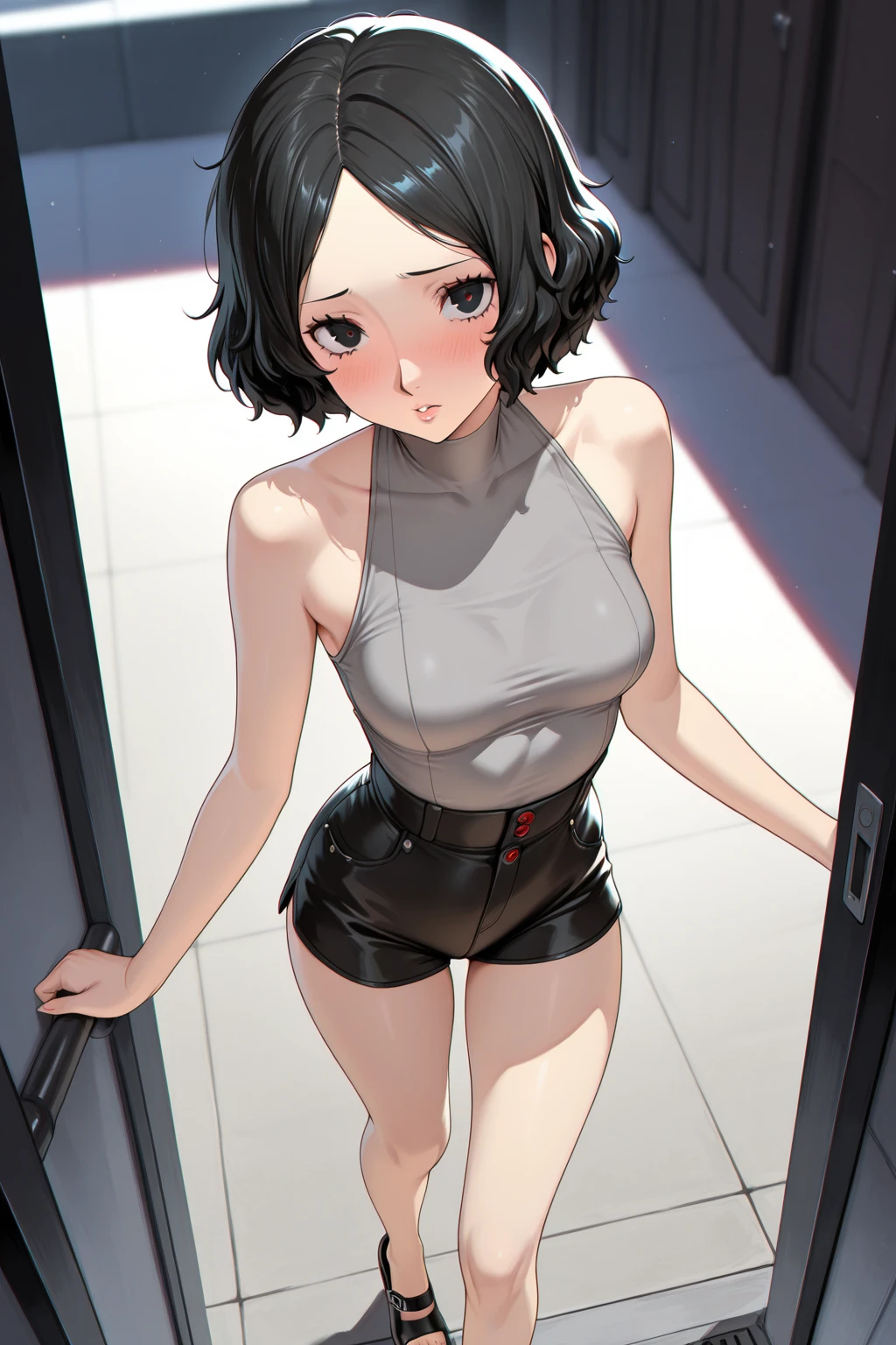 The sides of the upper body are completely exposed,側面が完全に空いているデザインのSleeveless turtleneck,Exposed from the flank to the chest,Protruding ribs,Exposed waistline,Super low rise,Not wearing an inner layer、胸元が開いたデザインのSleeveless turtleneck,Exposed chest､Exposed flanks,sexy,Flat Chest,Focus on your audience,Very thin body,Anime Style,Slim figure,delicate,Glasses,Asian woman wearing a grey top posing on the stairs, Sleeveless turtleneck_Baggy, 脇が完全に開いているSleeveless turtleneck_Relaxed back design,rib cage,Side bust,Shoulders are wide open,sexyなWearing a crop top, Photos of slim models, Chiho, T-Top, shikamimi, Wearing a crop top, Real anime, Kurohime cut hair, Chassis, 2 4-year-old female model
