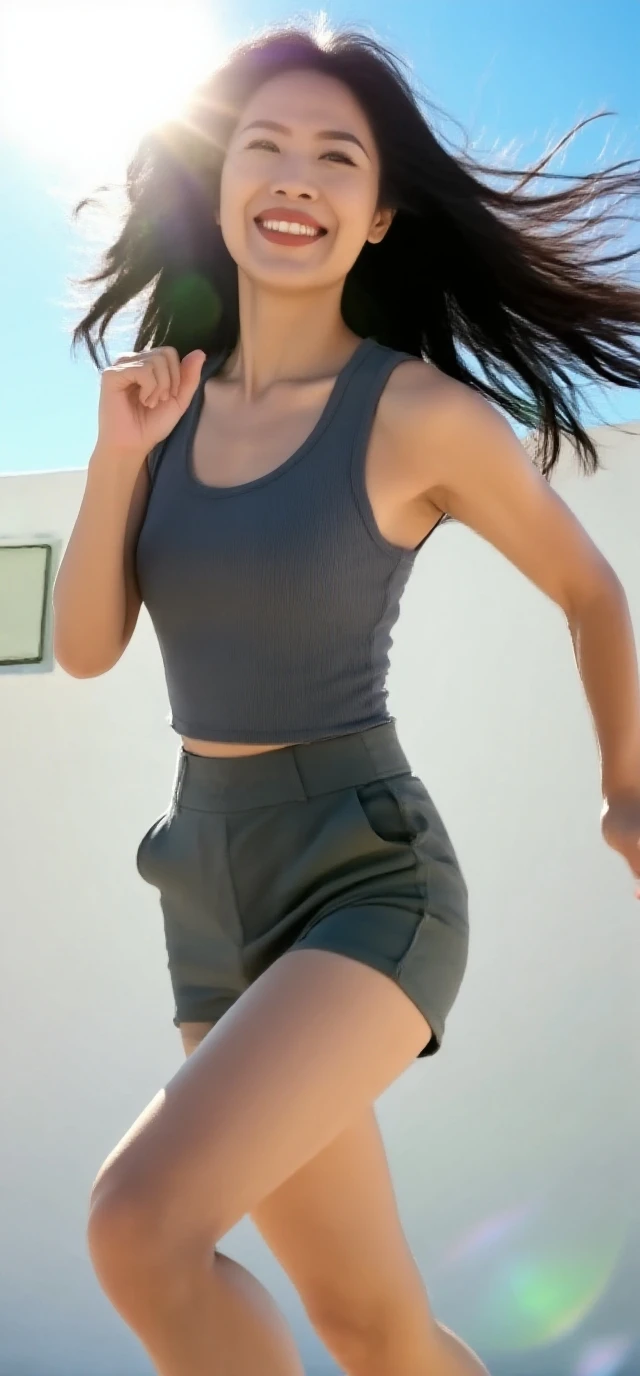 (solo), (a detailed full body RAW photo of a girl), (masterpiece:1.0), (best quality:1.4), (ultra highres:1.2), (photorealistic:1.4), 8k resolution, Canon EOS R5, 50mm, absurdres, ultra detailed, (18yo), sharp focus, cinematic lighting, detailed beautiful face, (no make up:1.2), (ulzzang-6500-v1.1), petite figure, detailed skin texture, suntan skin, flat chest, (skinny and fit body:1.6), thigh gap, detailed brown hair, sweltering,(very short hair:1.5), realistic glistening skin, (sweating), nfsw, heavy breathing, (small titts, cameltoe, erect nipples), (nike competition athletic wear:1.5), (see-through spandex tights:1.5), (japanese athlete), well-developed abdominal, blue sky, bikini tan, (dark sun tan), (flat chest:1.5), (bring your butt closer to the camera and look back:1.5), (Skin color that can be seen through tights:1.4), (hip fourcus:1.3), (flom below)