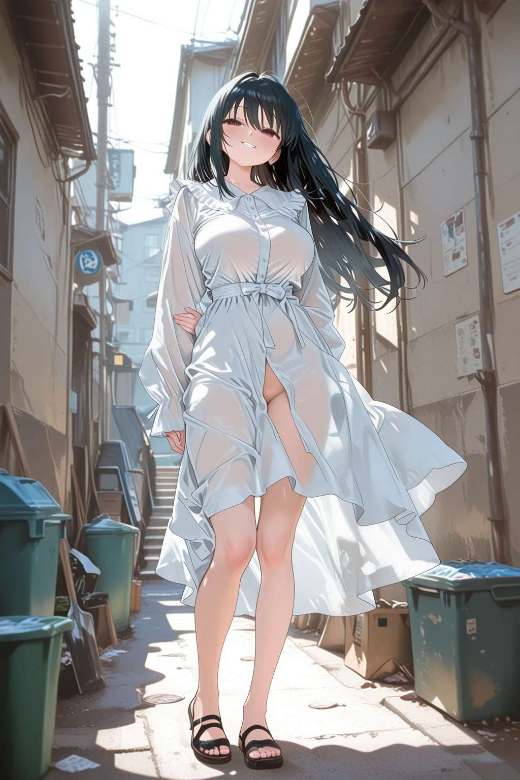 Highest quality、Masterpiece、8K、Japanese women、30th Generation、sexy、naked、pubic hair、Slender figure、Beautiful feet、Realistic hands、building、rooftop