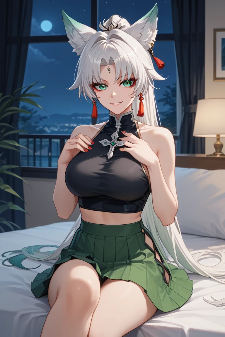 20 year old,slender body,perfect style,masterpiece, highest quality, Daki V4, white skin, long hair, chest, looking at the viewer, smile, hair ornaments, Thighhighs, cleavage, very long hair, underwear, panties, gray hair, colorful hair, green hair, compensate, nail, put your hand on your waist, gradient hair, traces of face ,blurry_background, , blurry,(figure:0.8), (detailed and beautiful eyes:1.6), highly detailed face, perfect lighting, Highly detailed CG, (perfect hands, perfect anatomy),masterpiece,High resolution,anime key visual,detailed and beautiful eyes,highest,glowing eyes,